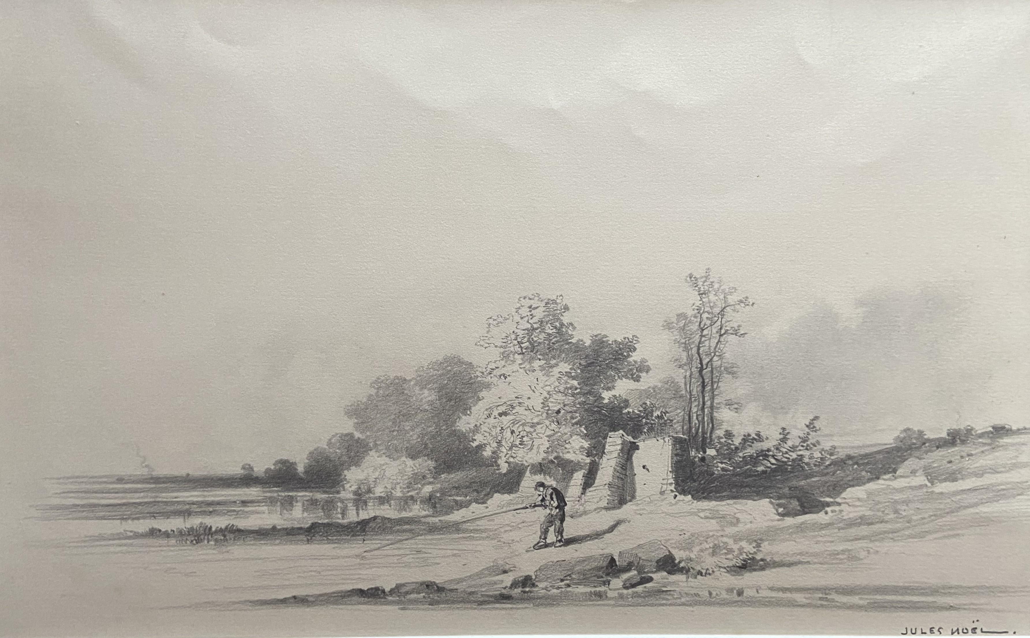 Jules Noel (1810-1881) 
Landschaft mit einem Fischer, 
Unterzeichnet  unten rechts
Bleistift auf Papier
27.8 x 44 cm
Gerahmt unter Glas: 43 x 59,5 cm

Wir finden in dieser Zeichnung alles, was das Talent und den Charme der Kunst von Jules Noel