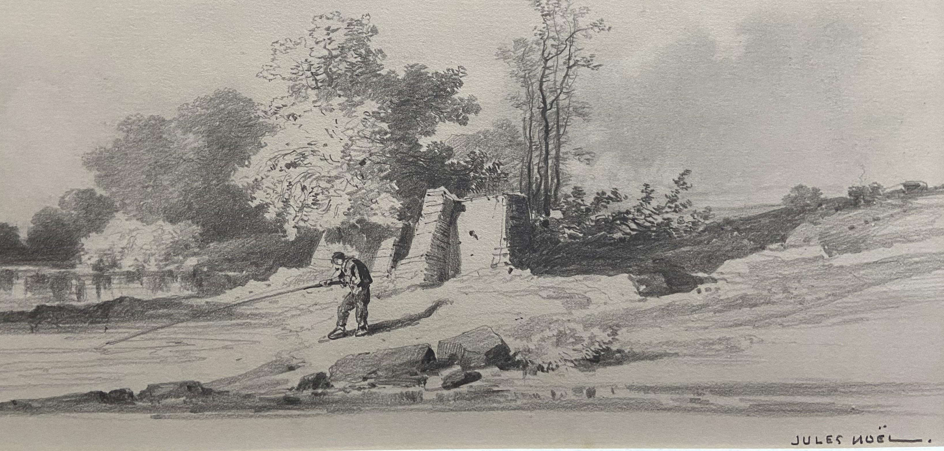 Jules Noel (1810-1881)  Landscape with a fisherman, signed drawing For Sale 2