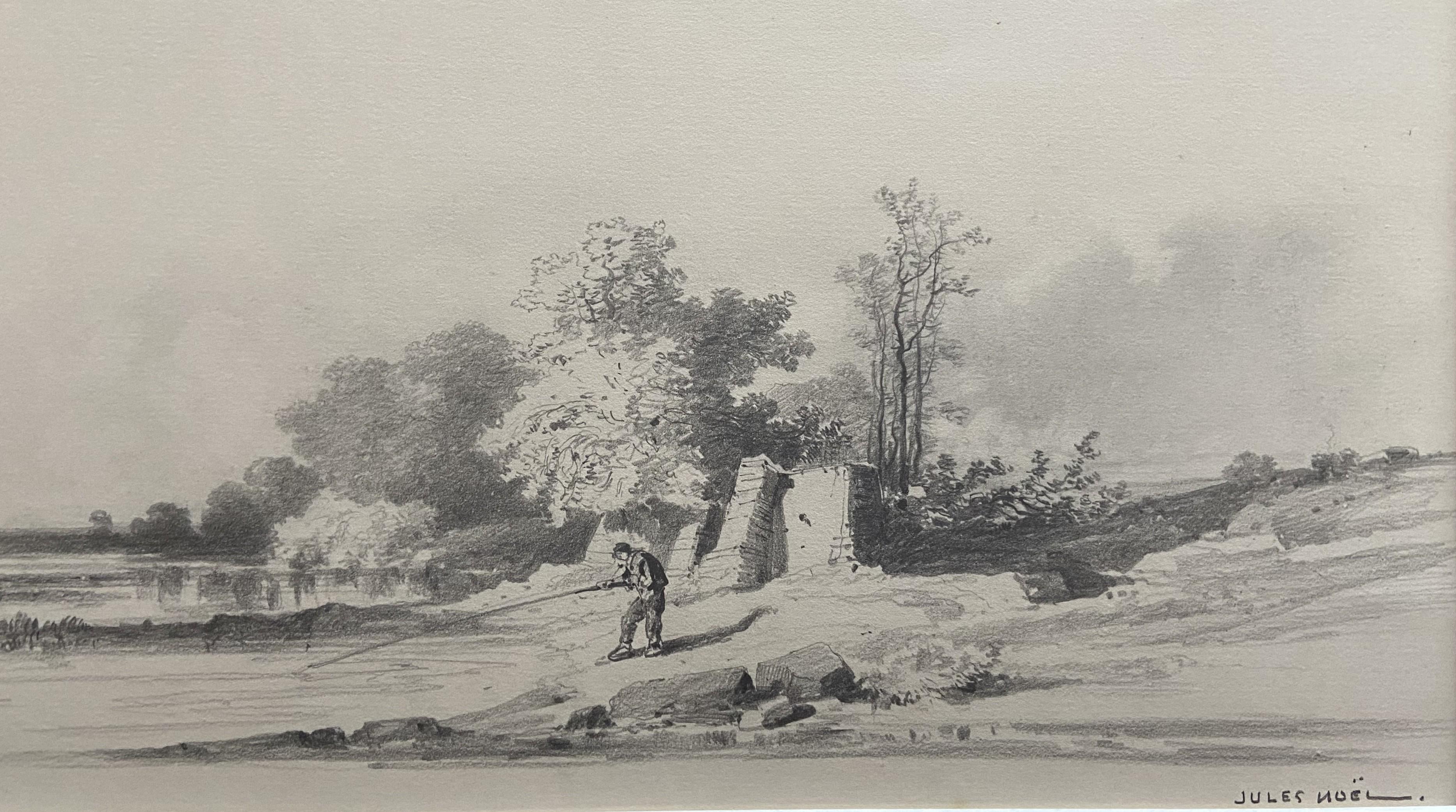 Jules Noel (1810-1881)  Landscape with a fisherman, signed drawing For Sale 1