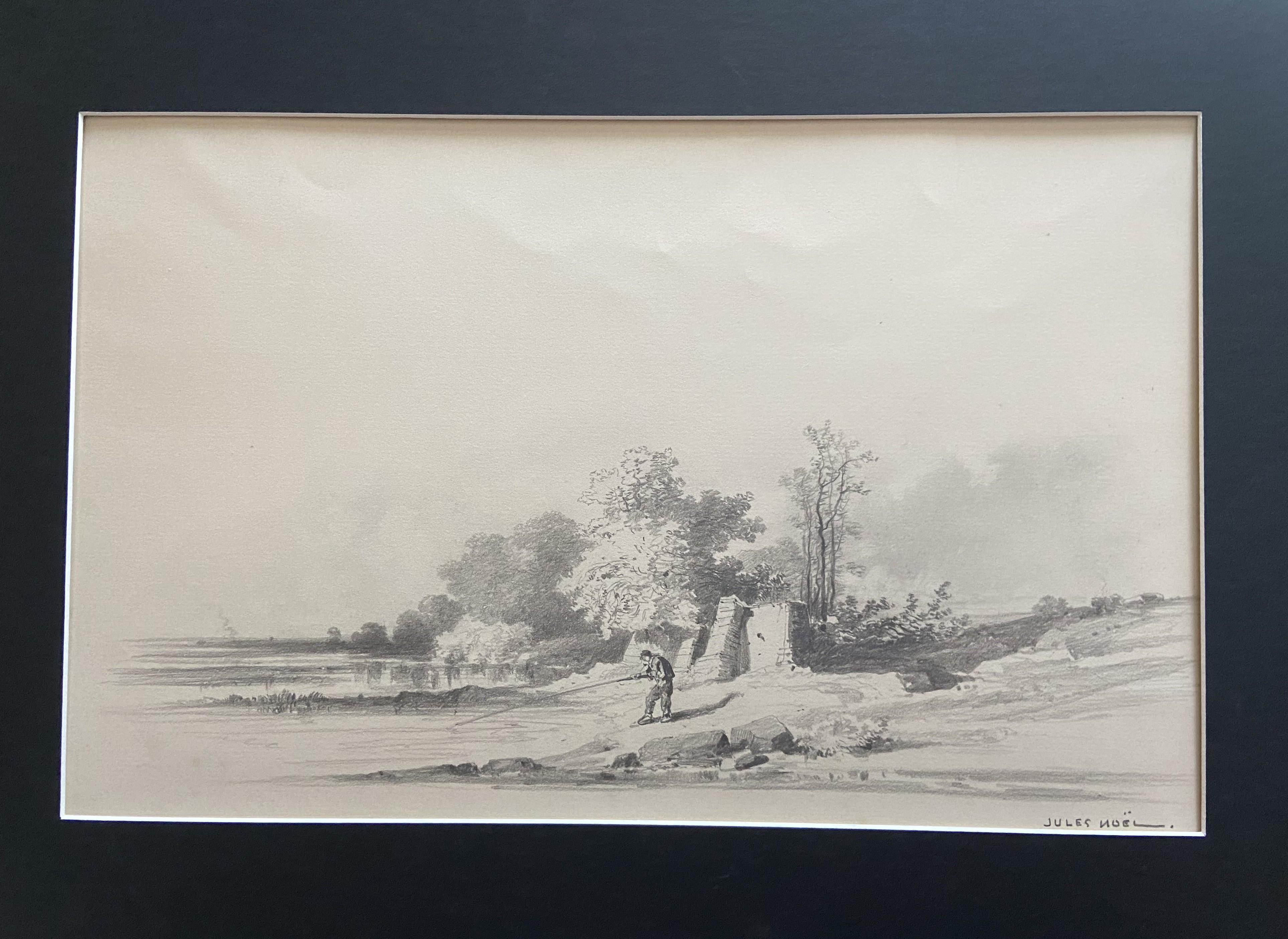 Jules Noel (1810-1881)  Landscape with a fisherman, signed drawing For Sale 5