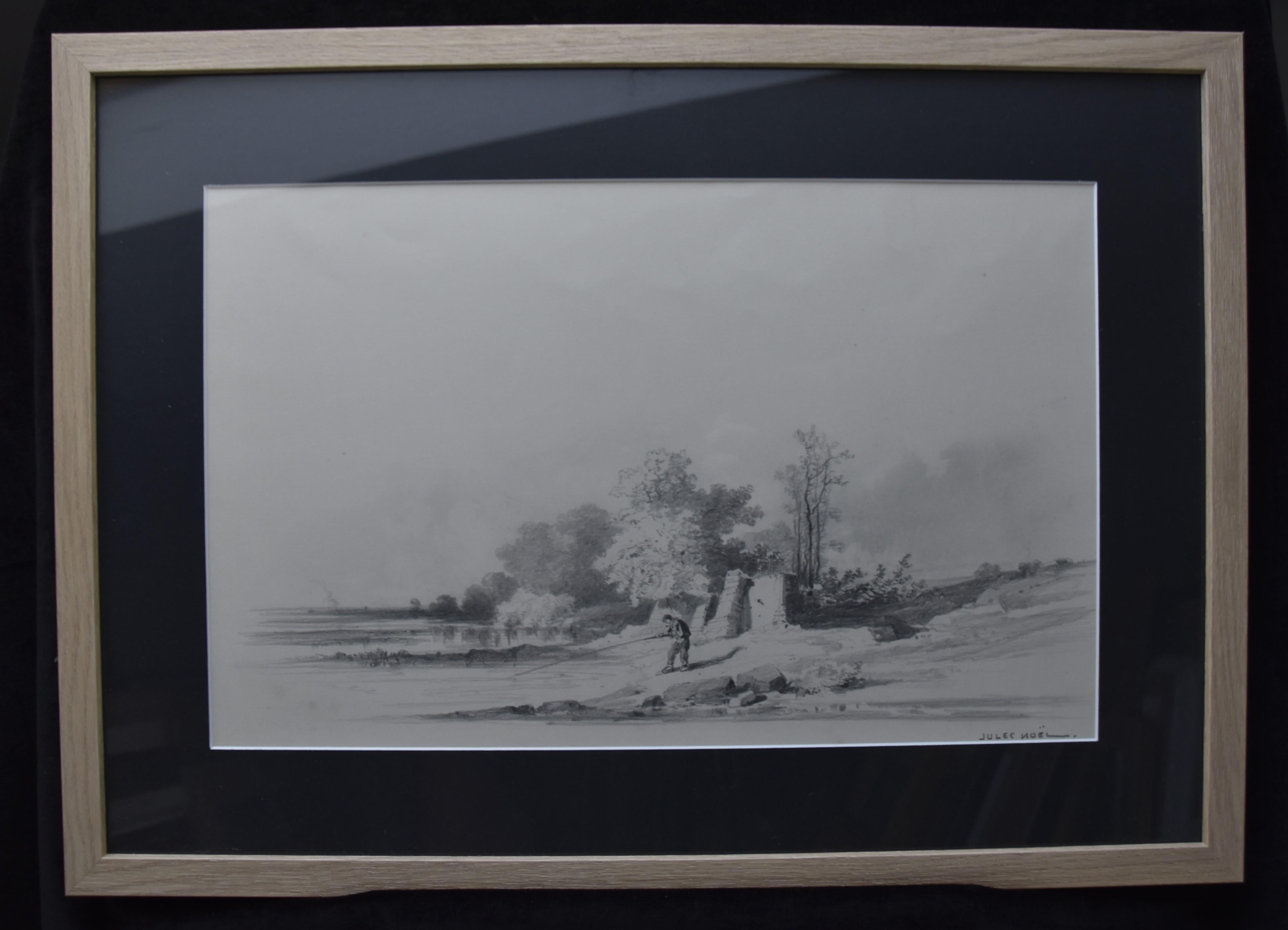 Jules Noel (1810-1881)  Landschaft mit einem Fischer, signierte Zeichnung im Angebot 2