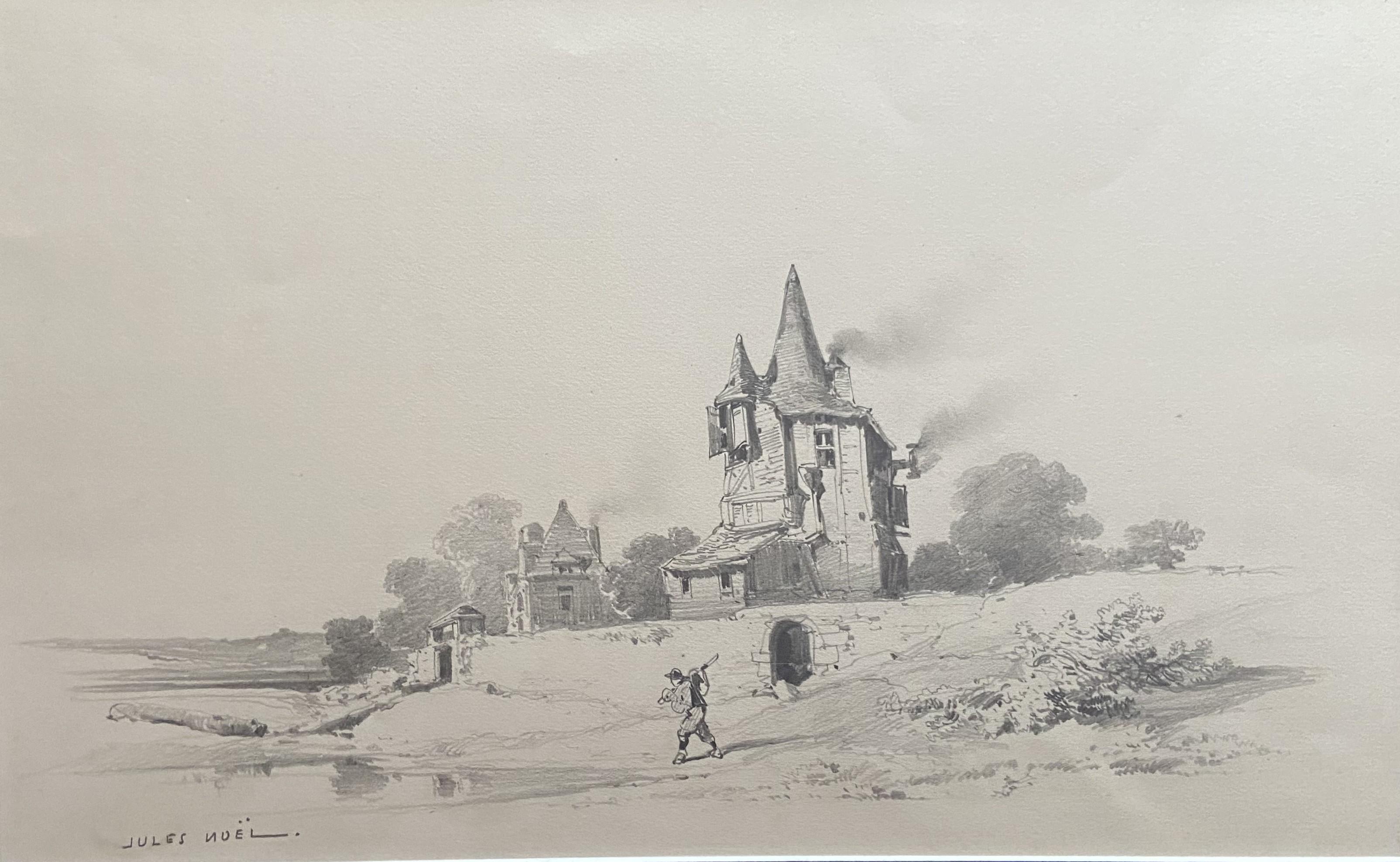 Jules Noel (1810-1881)  Paisaje con una mansión y un viajero, dibujo firmado