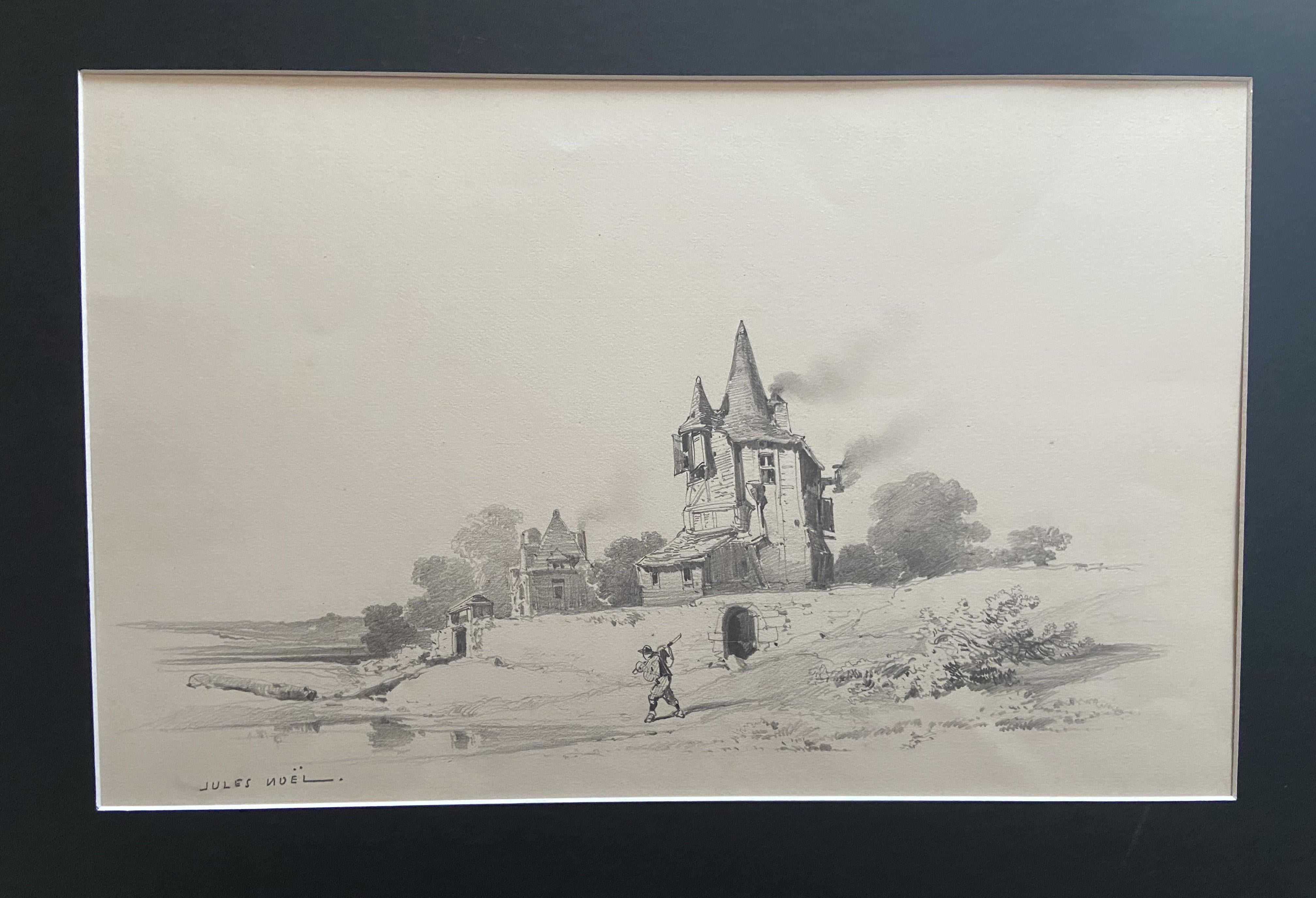 Jules Noel (1810-1881)  Landscape with a manor and a traveler, signed drawing For Sale 5