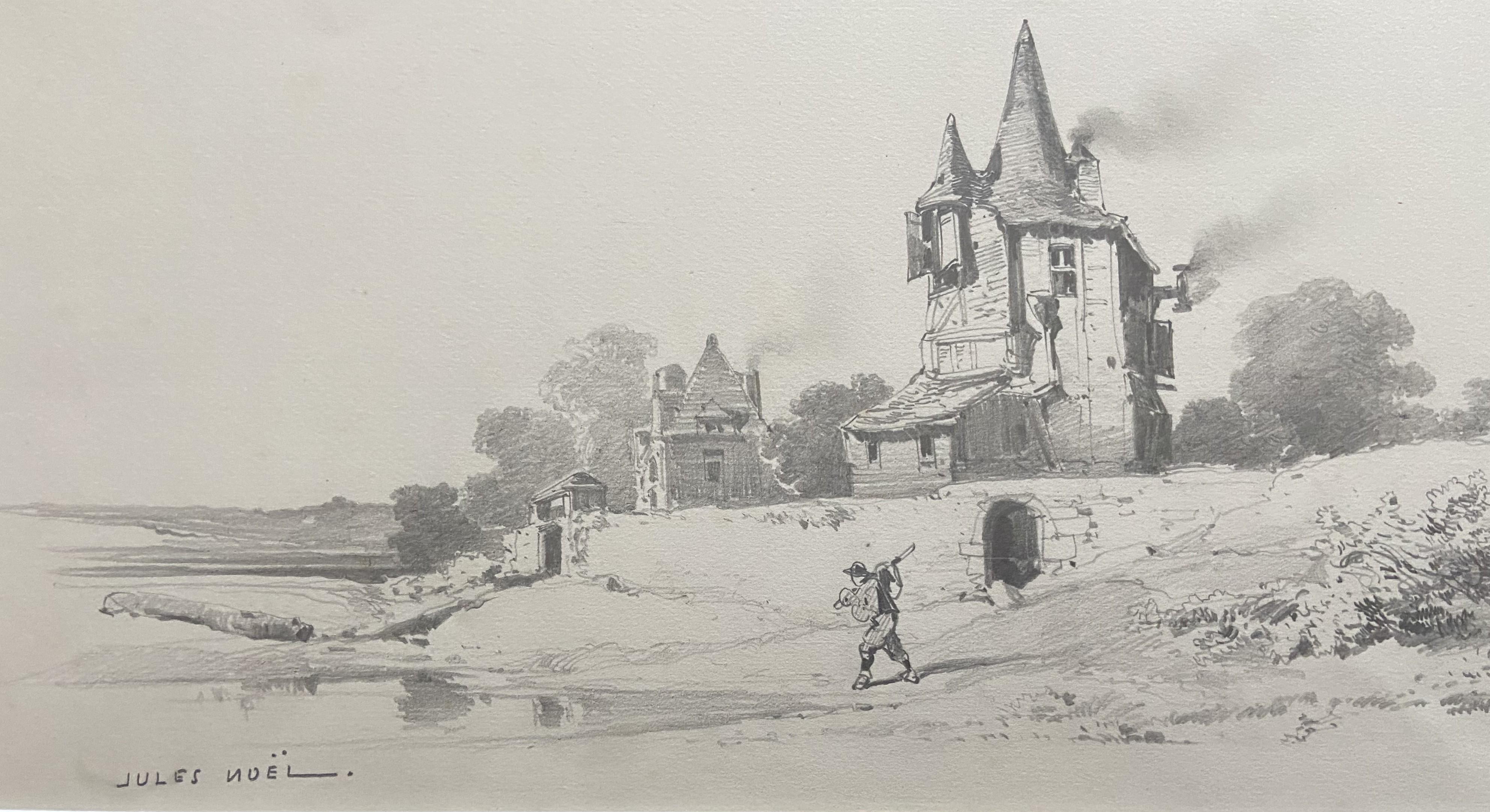 Jules Noel (1810-1881)  Landscape with a manor and a traveler, signed drawing For Sale 2
