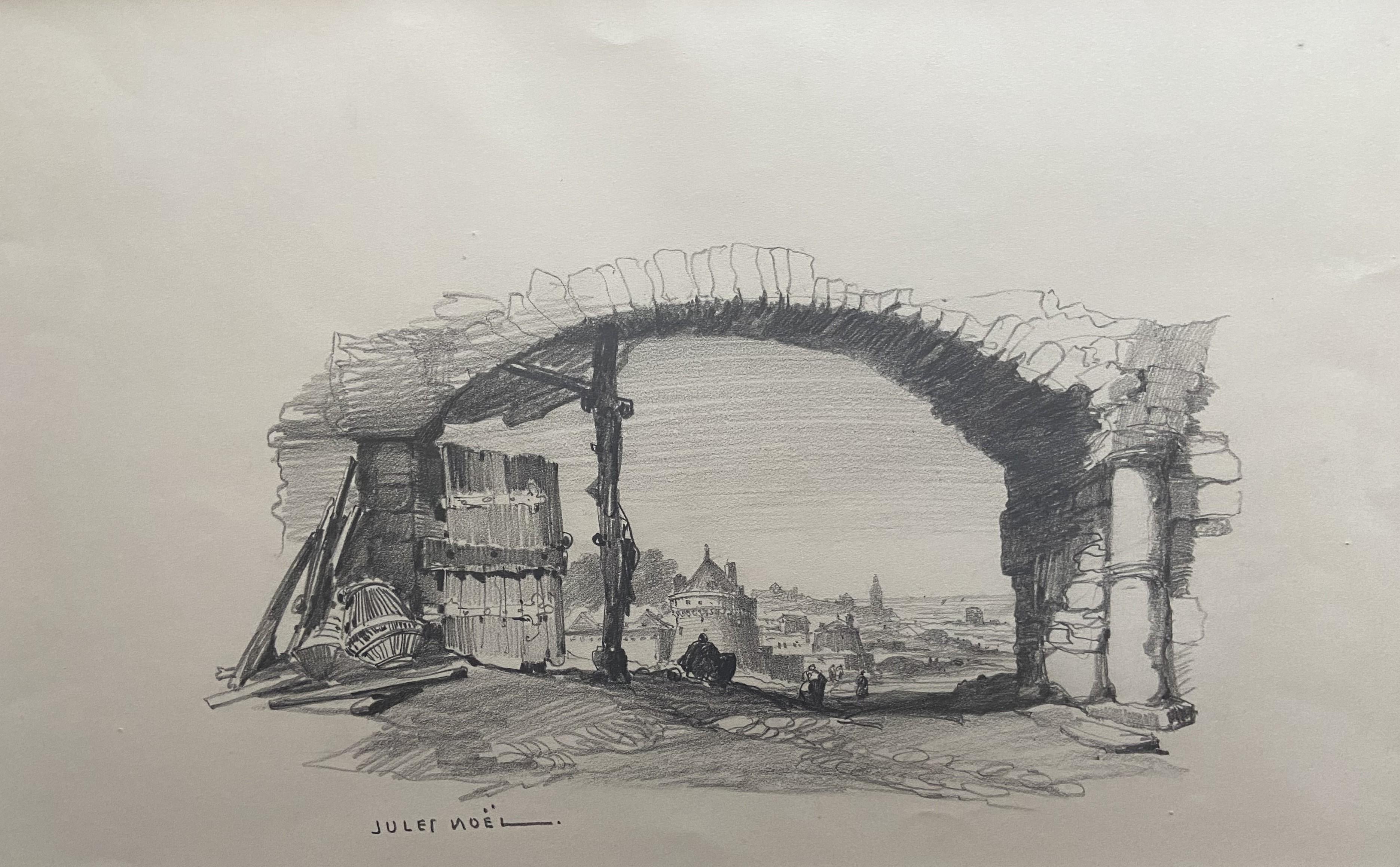 Jules Noel (1810-1881) 
iew of a city under an arch
Signed lower left
Pencil on paper
27.8 x 44.5 cm
Framed under glass : 43 x 59.5 cm

The composition of this drawing is particularly interesting with the framing of the distant view of this city by