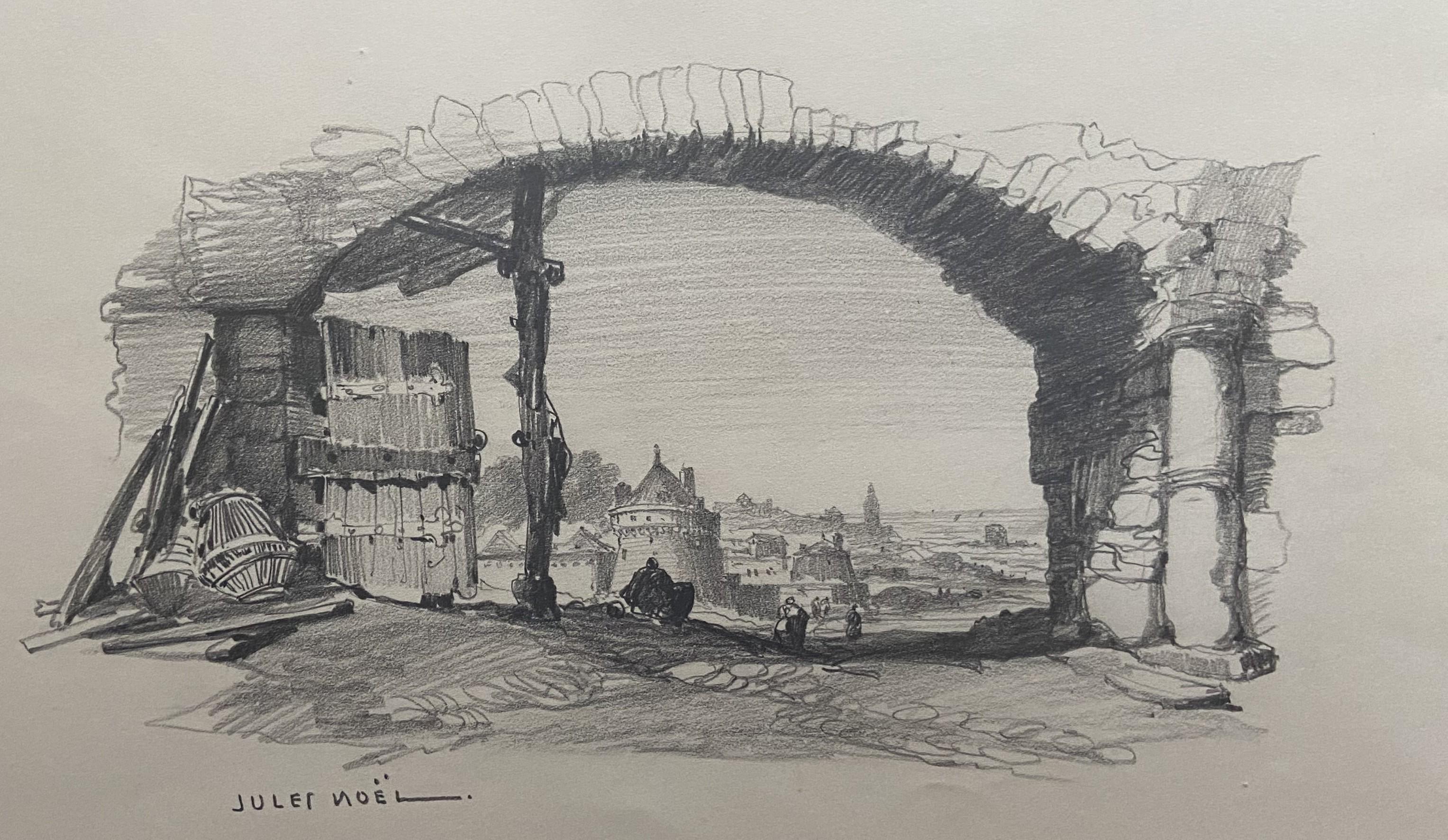 Jules Noel (1810-1881) View of a city under an arch, signed drawing 2