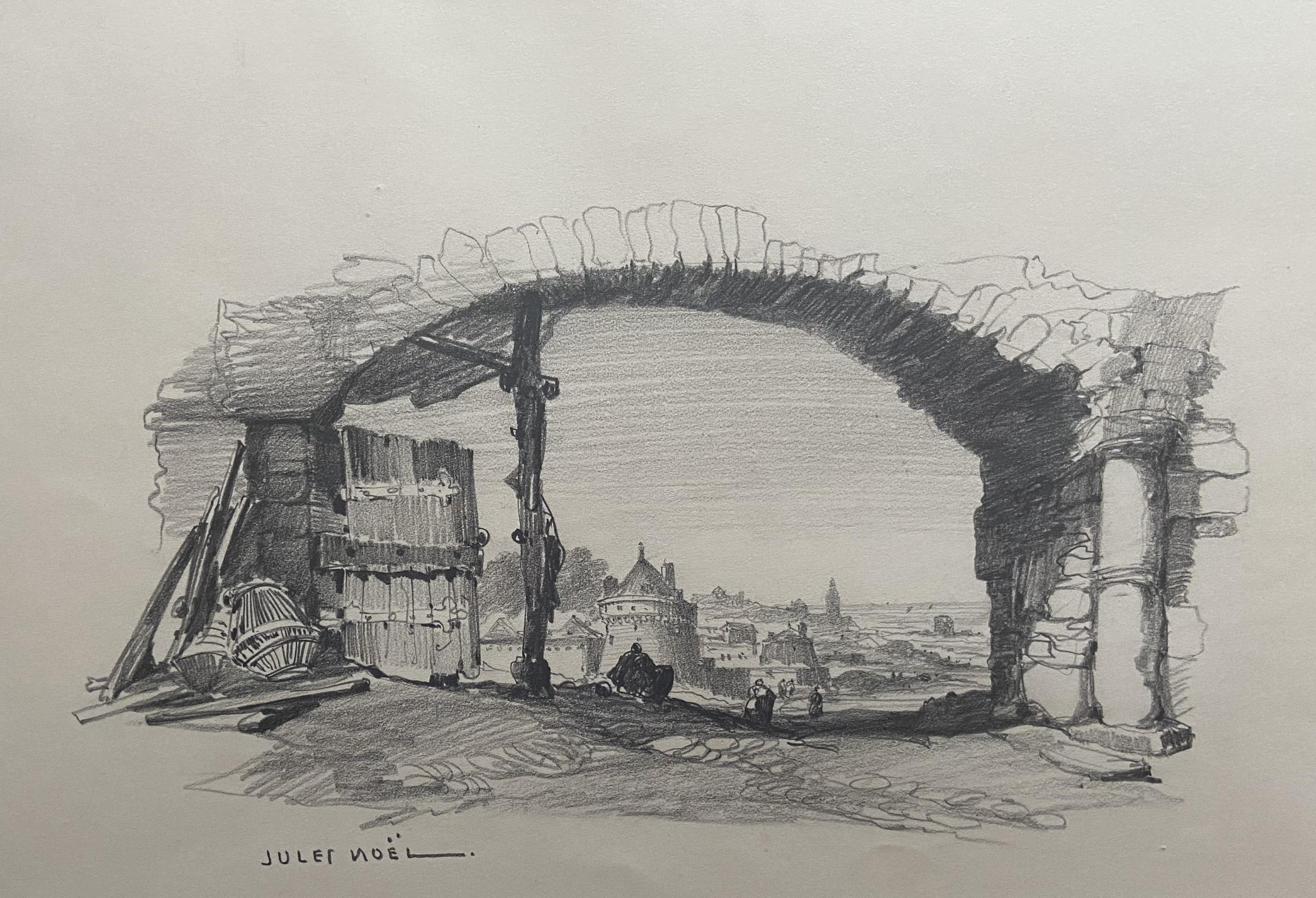 Jules Noel (1810-1881) View of a city under an arch, signed drawing 6