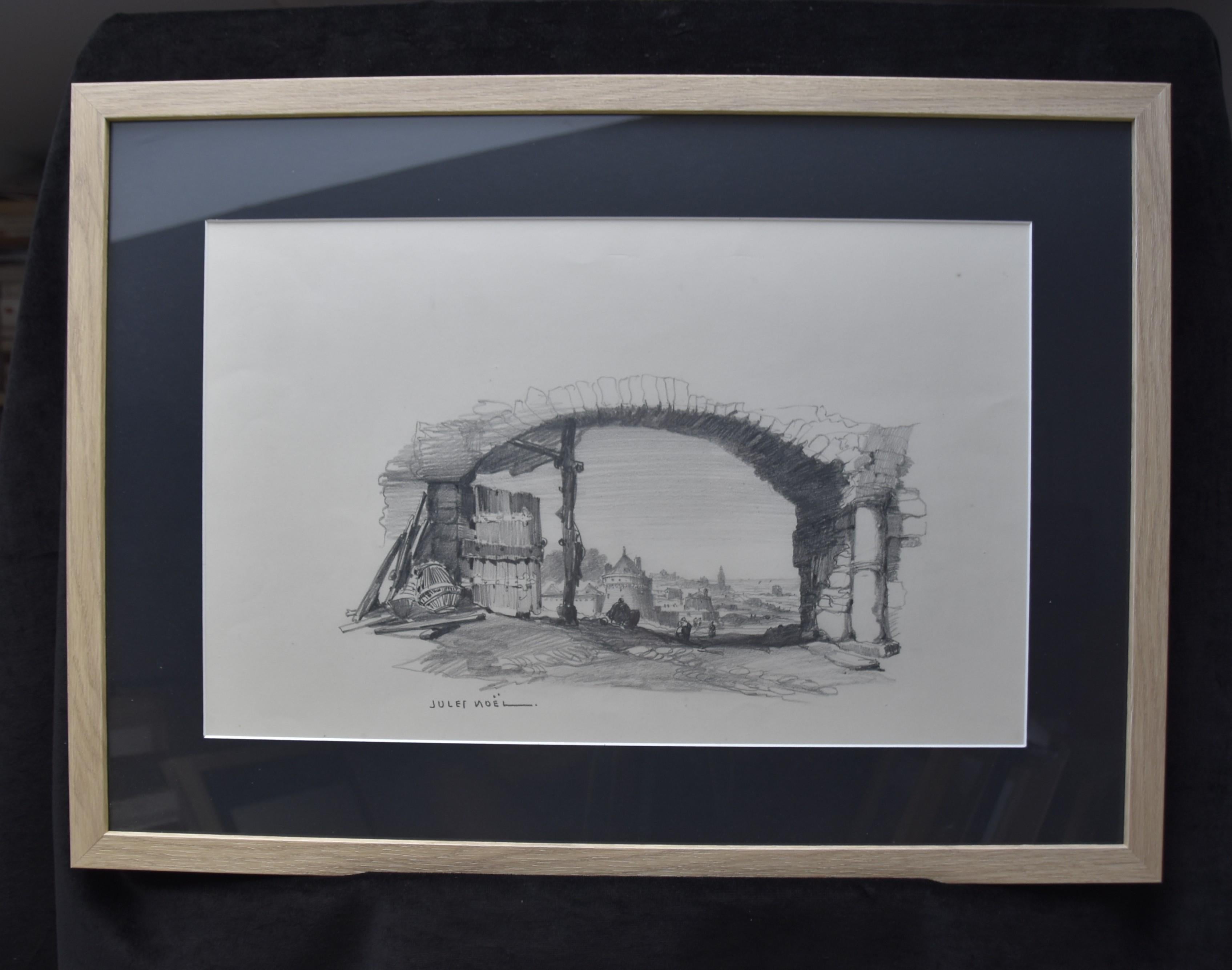 Jules Noel (1810-1881) View of a city under an arch, signed drawing 1