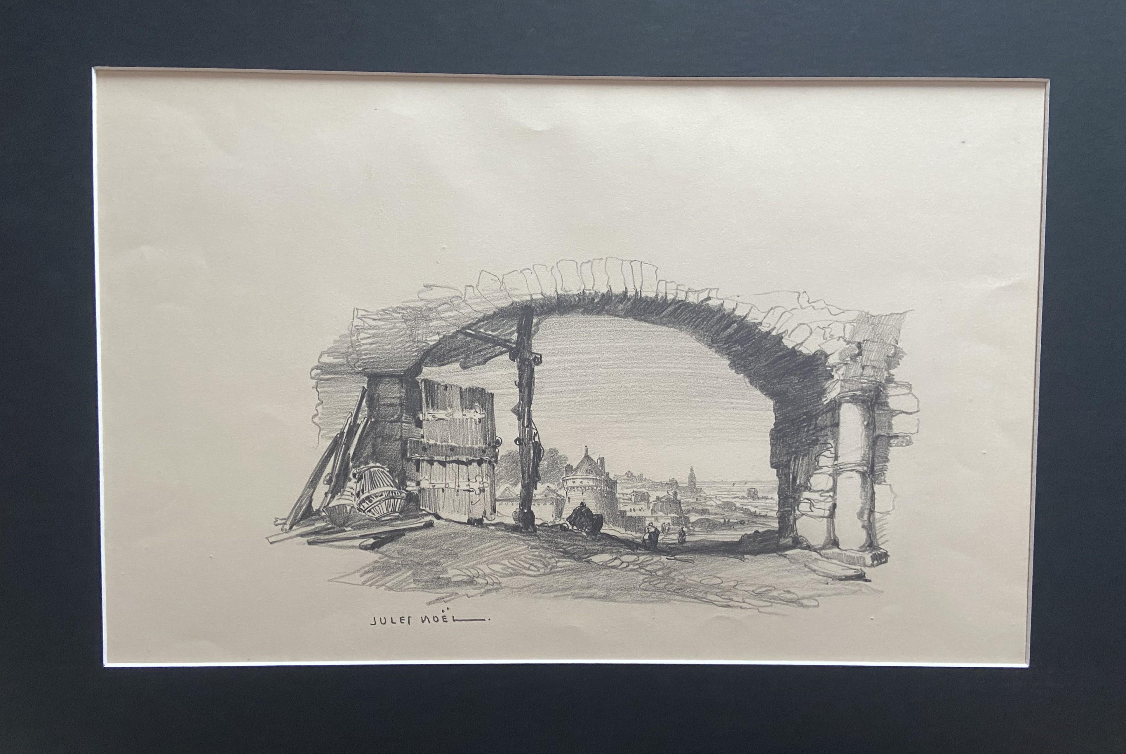 Jules Noel (1810-1881) View of a city under an arch, signed drawing 5