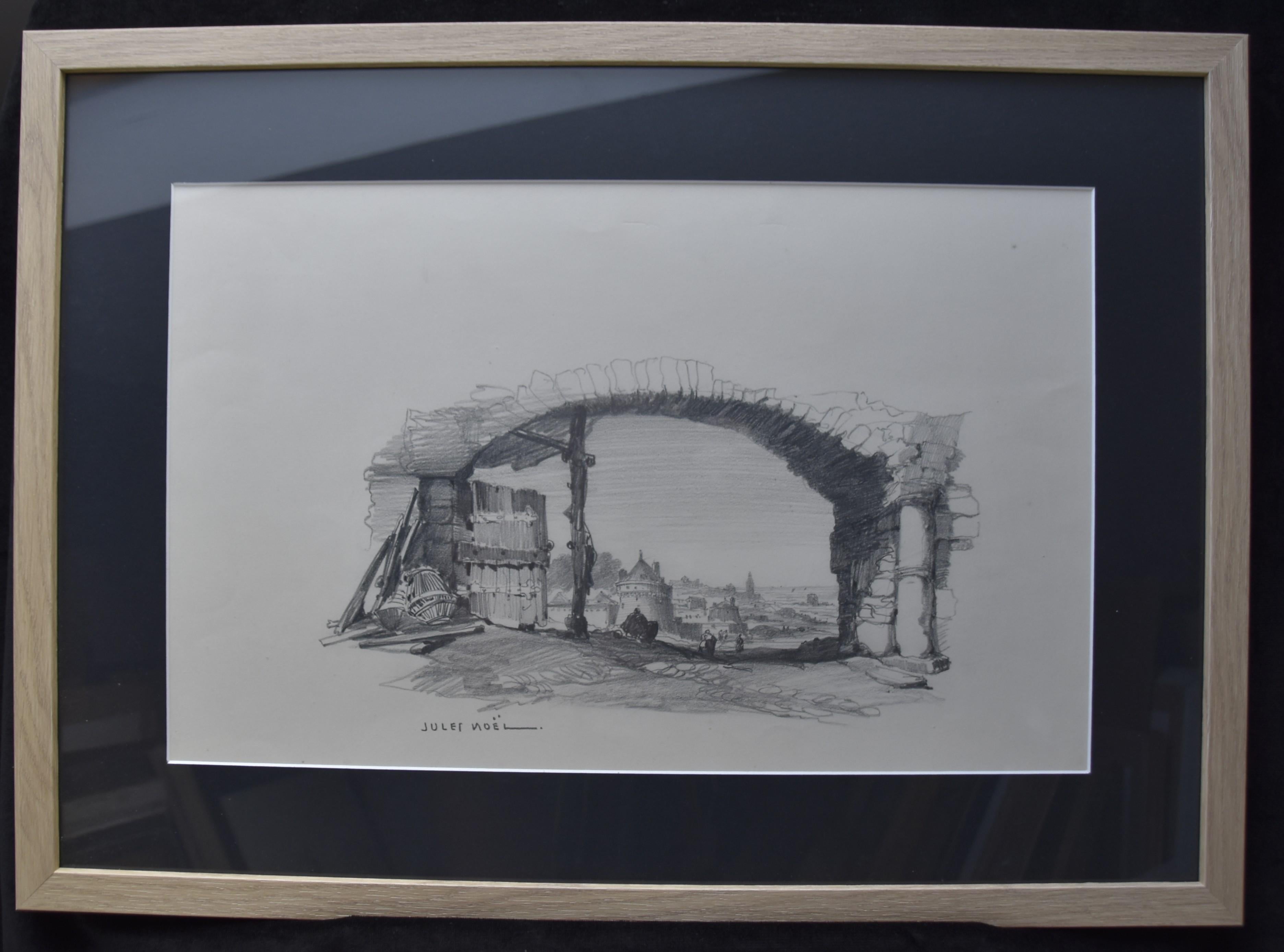 Jules Noel (1810-1881) View of a city under an arch, signed drawing 8