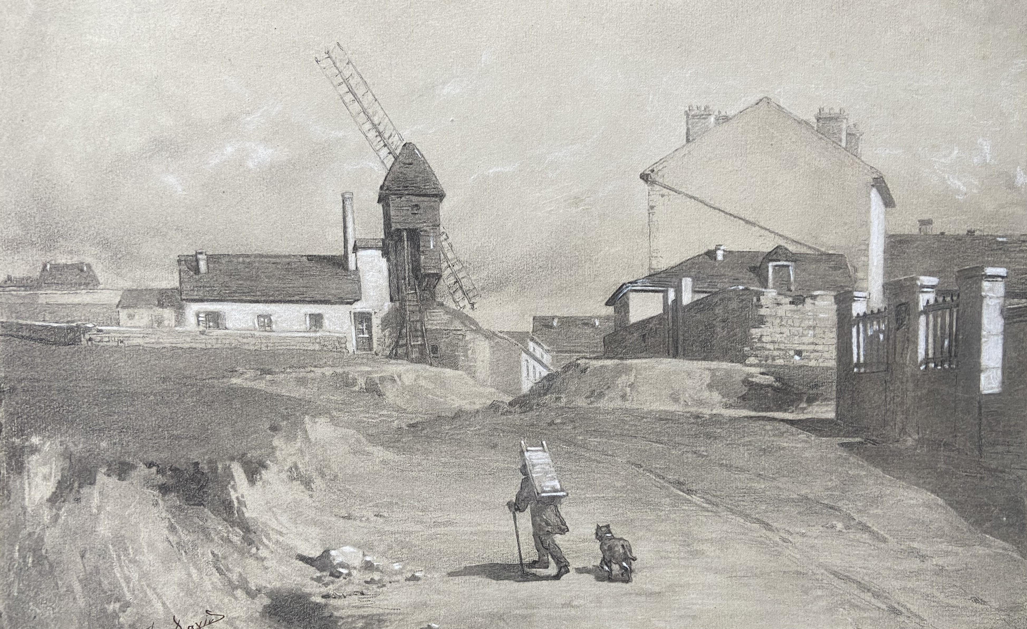 Louis DAVID (1798-1849) Le Moulin La Butte aux Cailles, París,  dibujo firmado