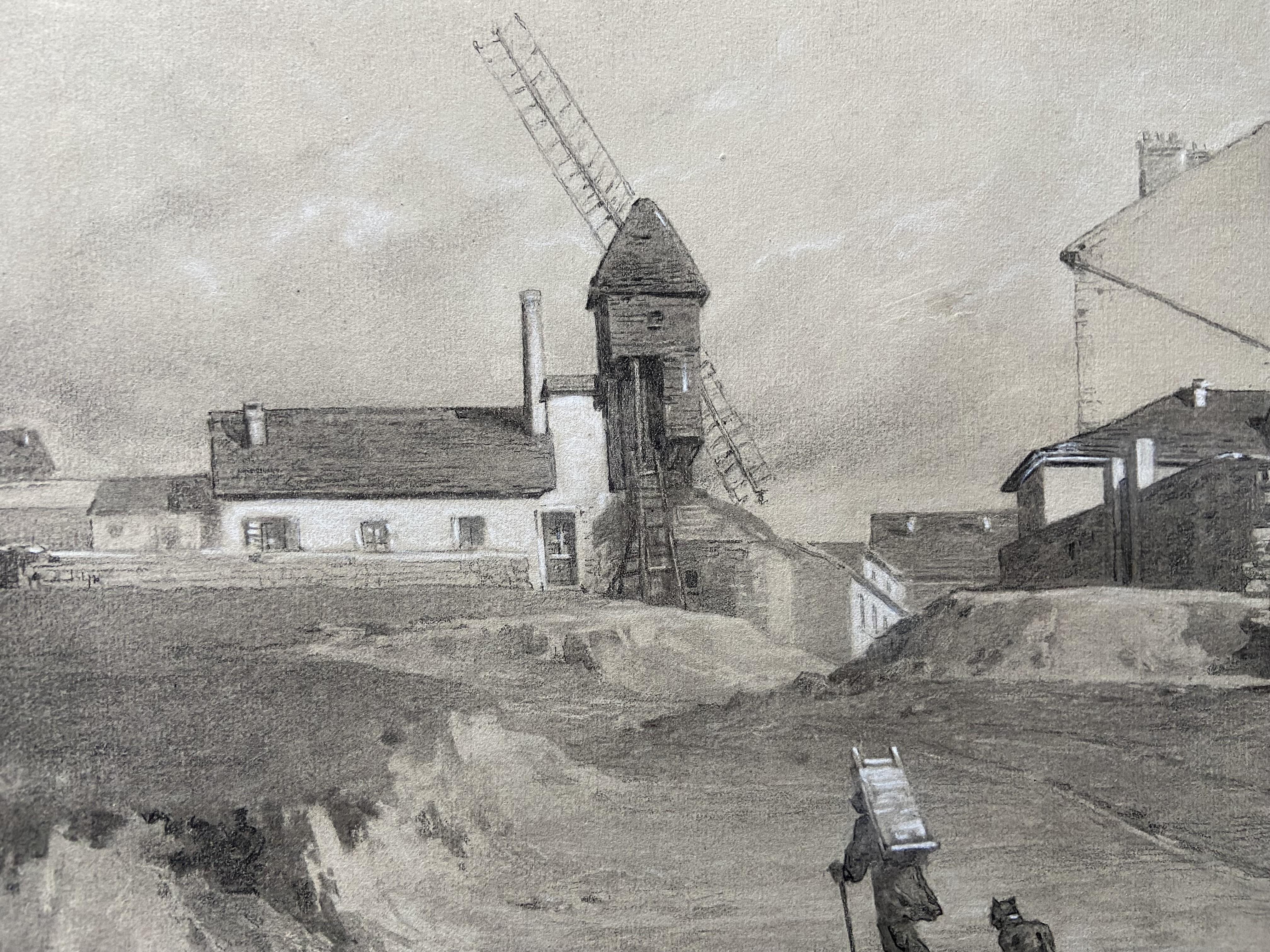 Louis DAVID (1798-1849) Le Moulin La Butte aux Cailles, Paris,  signed drawing For Sale 1