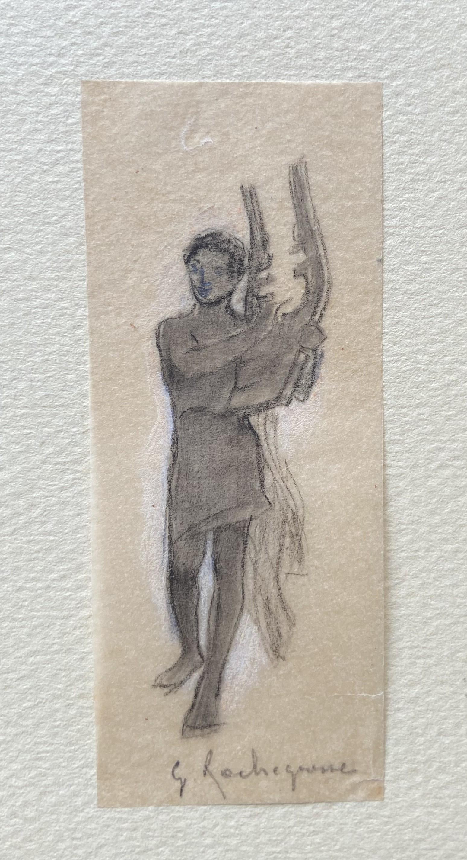 Georges Antoine Rochegrosse  (1859-1938) 
A zither player
carbon pencil on thin paper
8.5 x 3.3 cm
In good condition
Framed : 35 x 24 cm
Provenance: Estate of the artist and by Inheritance to the former owner

This tiny drawing is like a concentrate