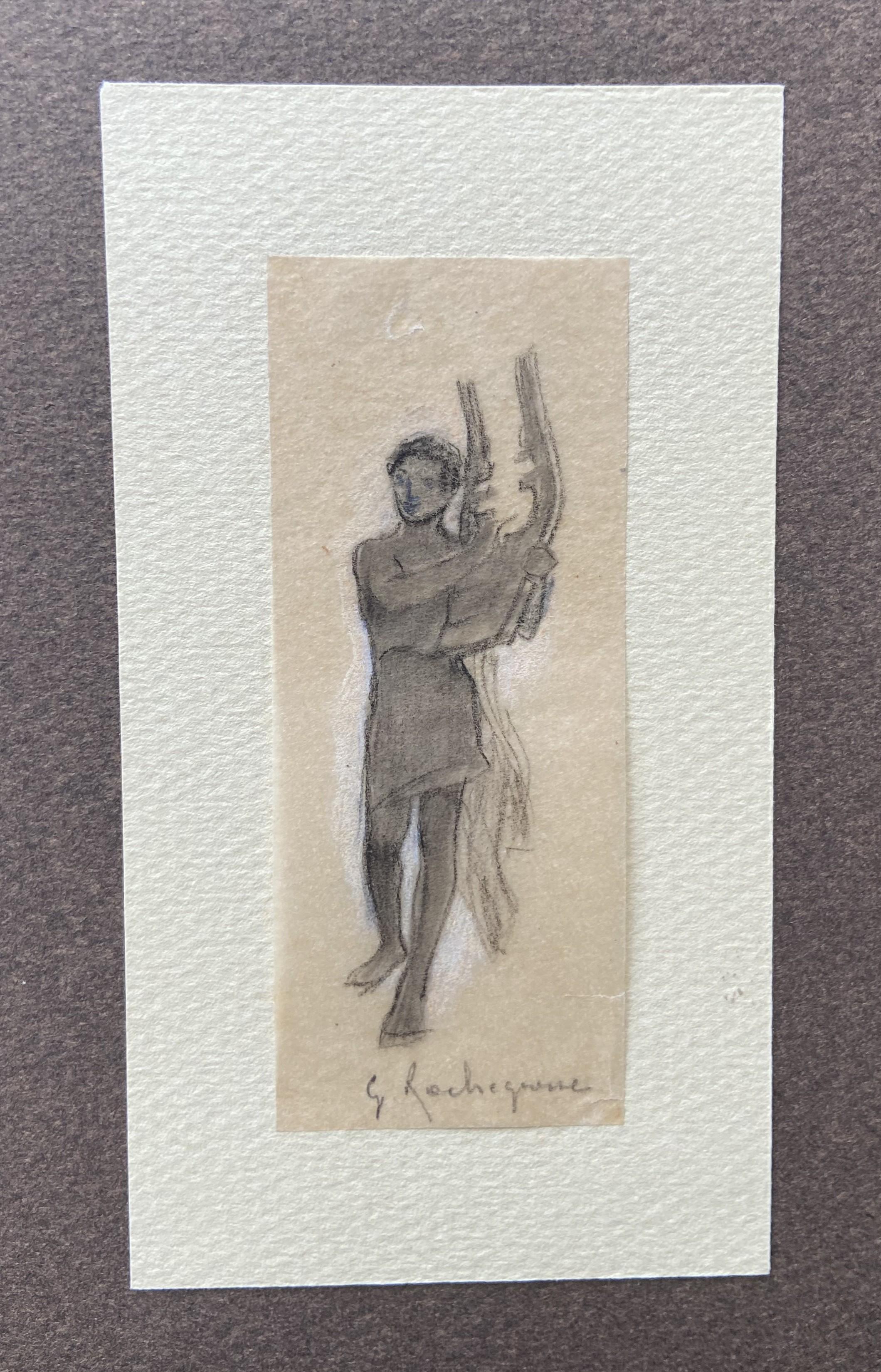 Georges Antoine Rochegrosse  (1859-1938) 
A zither player
carbon pencil on thin paper
8.5 x 3.3 cm
In good condition
Framed : 35 x 24 cm
Provenance: Estate of the artist and by Inheritance to the former owner

This tiny drawing is like a concentrate