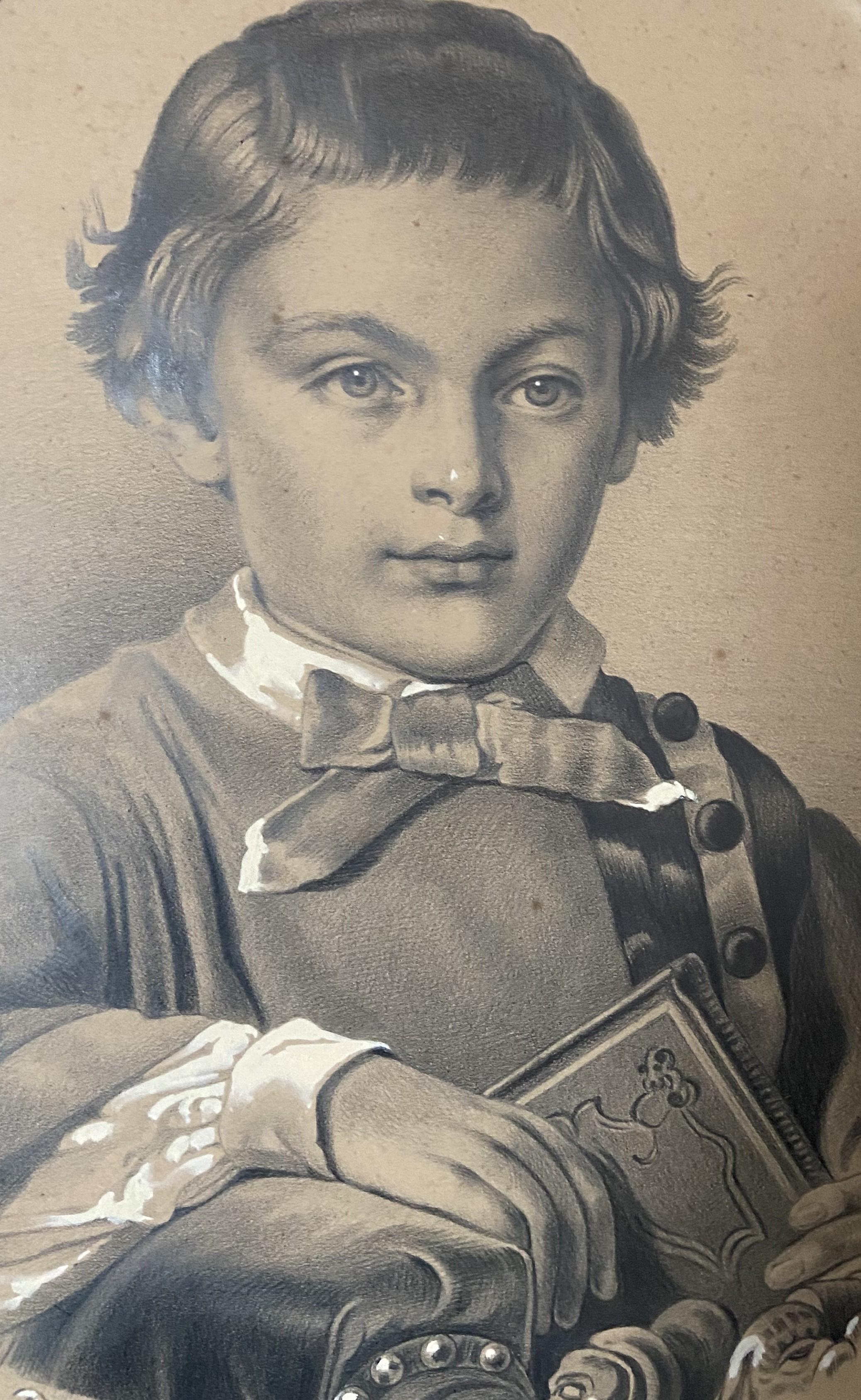 Französische Schule um 1880, Porträt eines Jungen mit Buch, Zeichnung im Angebot 1
