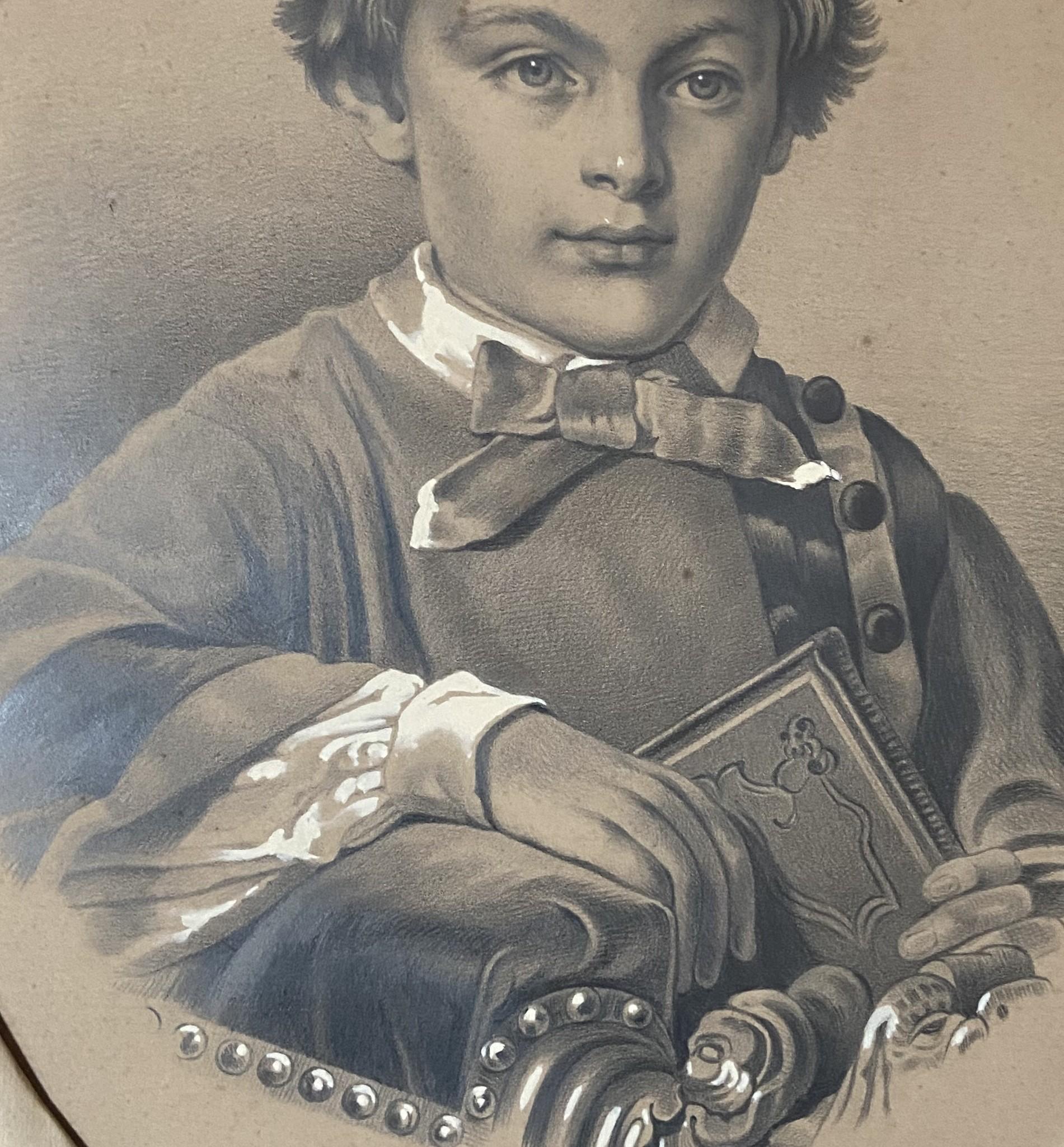 Französische Schule um 1880, Porträt eines Jungen mit Buch, Zeichnung im Angebot 4
