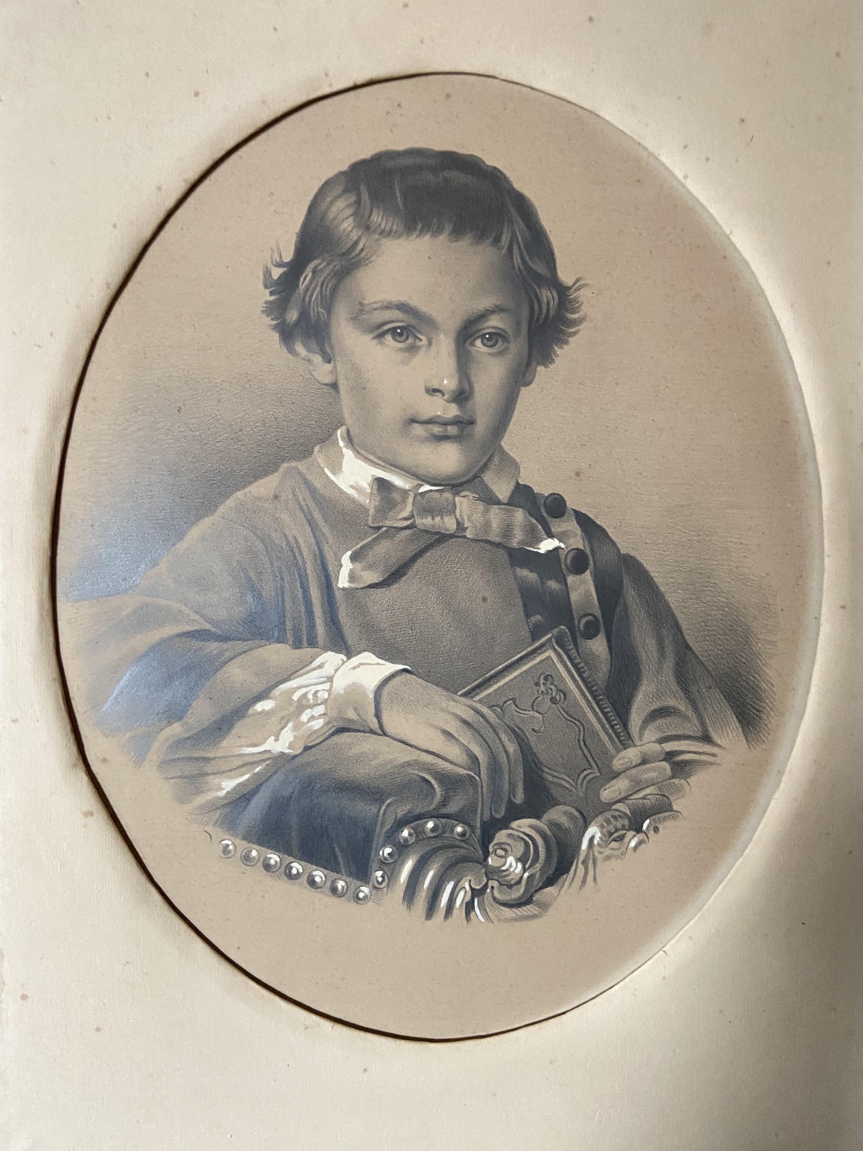 Französische Schule um 1880, Porträt eines Jungen mit Buch, Zeichnung im Angebot 5