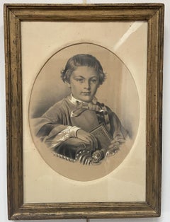 French School circa 1880, Portrait of a boy holding a book, drawing