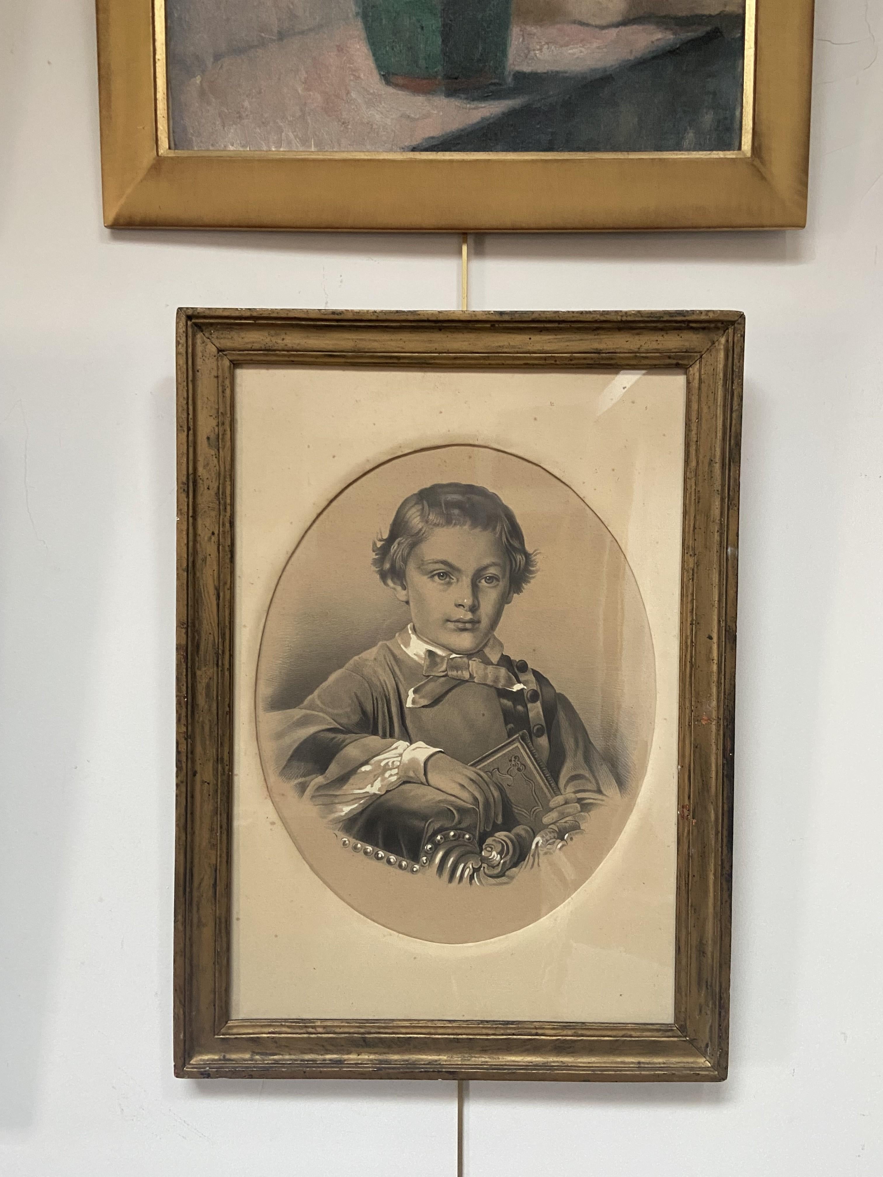 Französische Schule um 1880, Porträt eines Jungen mit Buch, Zeichnung im Angebot 6