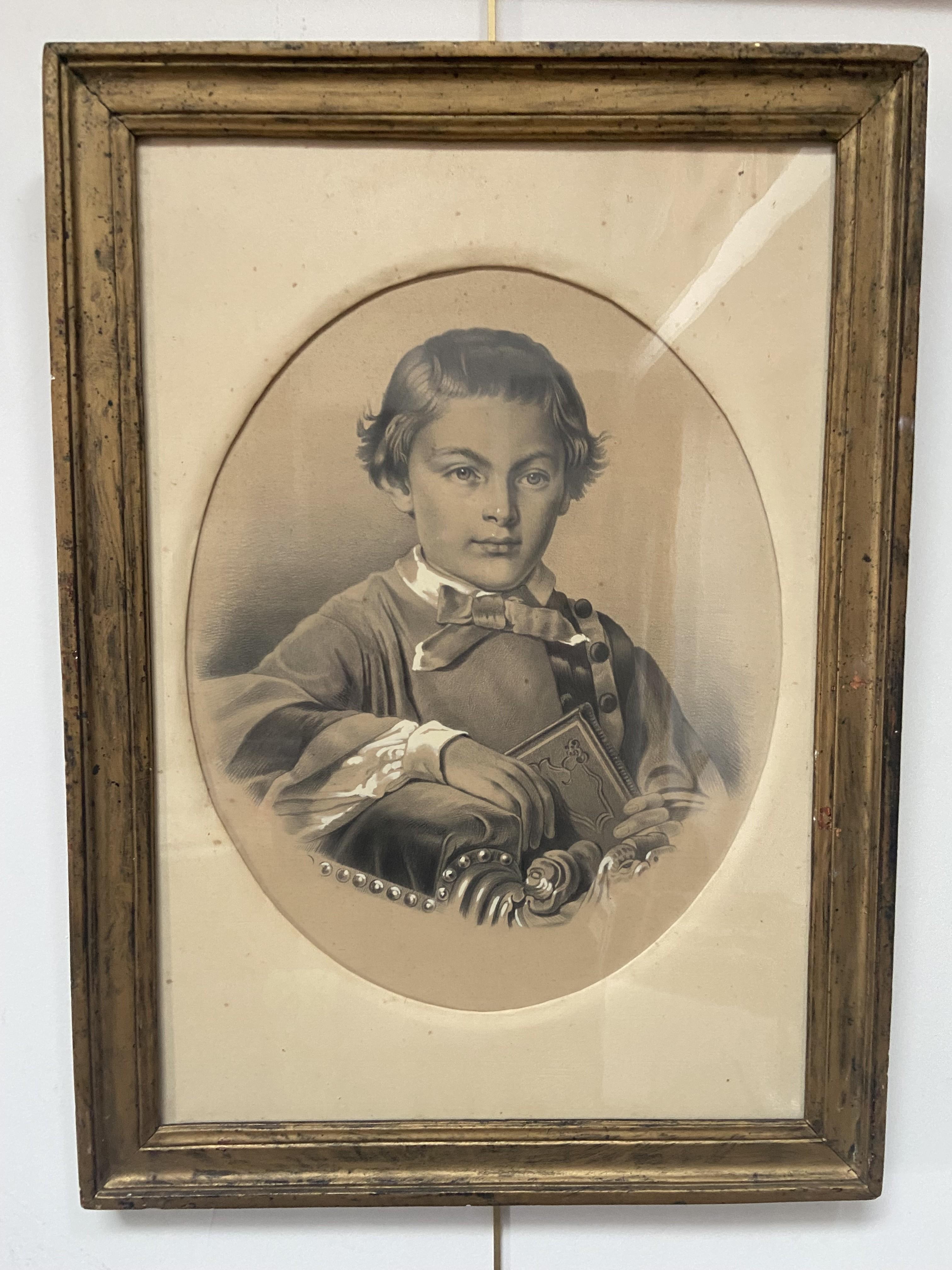 French School circa 1880, Portrait of a boy holding a book, drawing For Sale 7