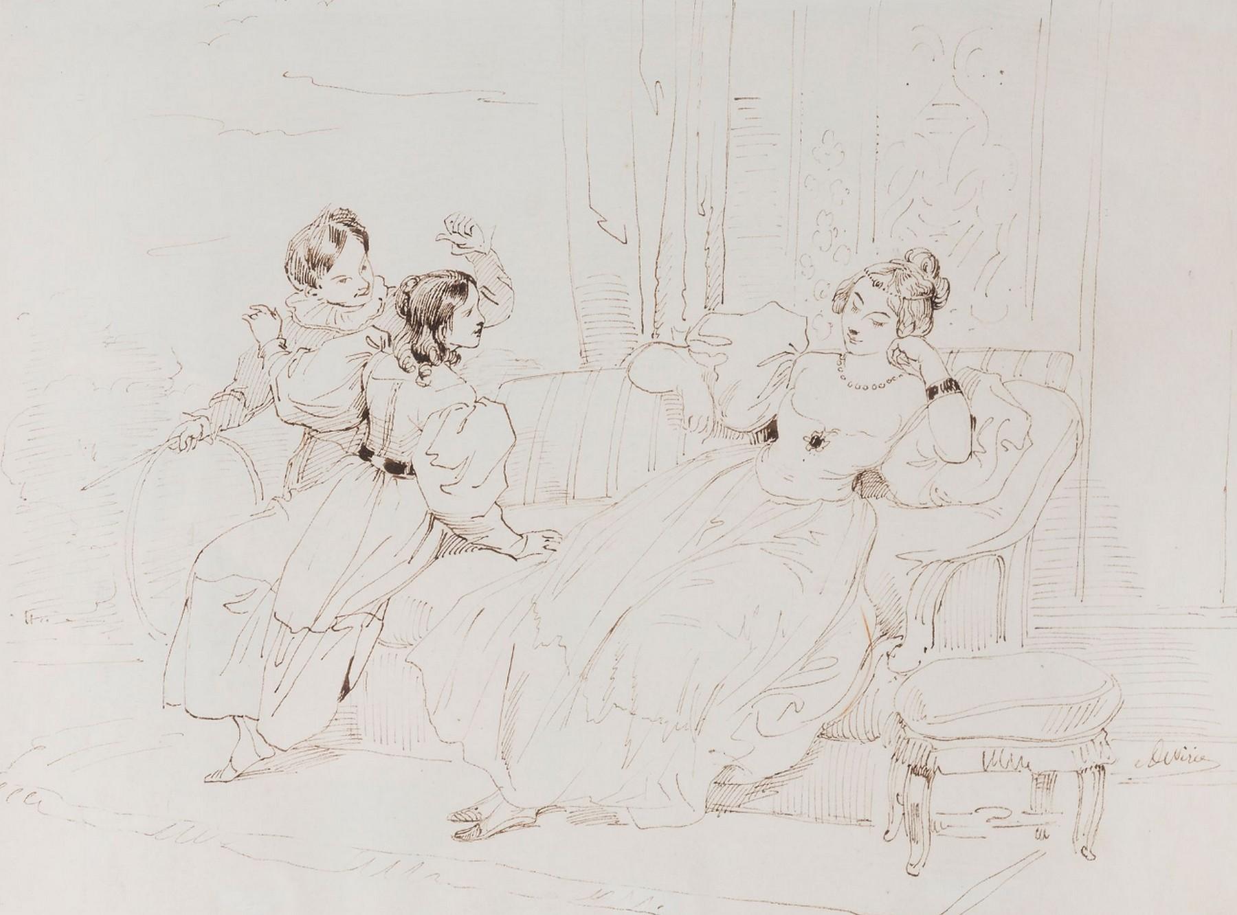 Eugène Devéria (1805-1865)  Au salon, signed drawing - Art by Eugene Deveria