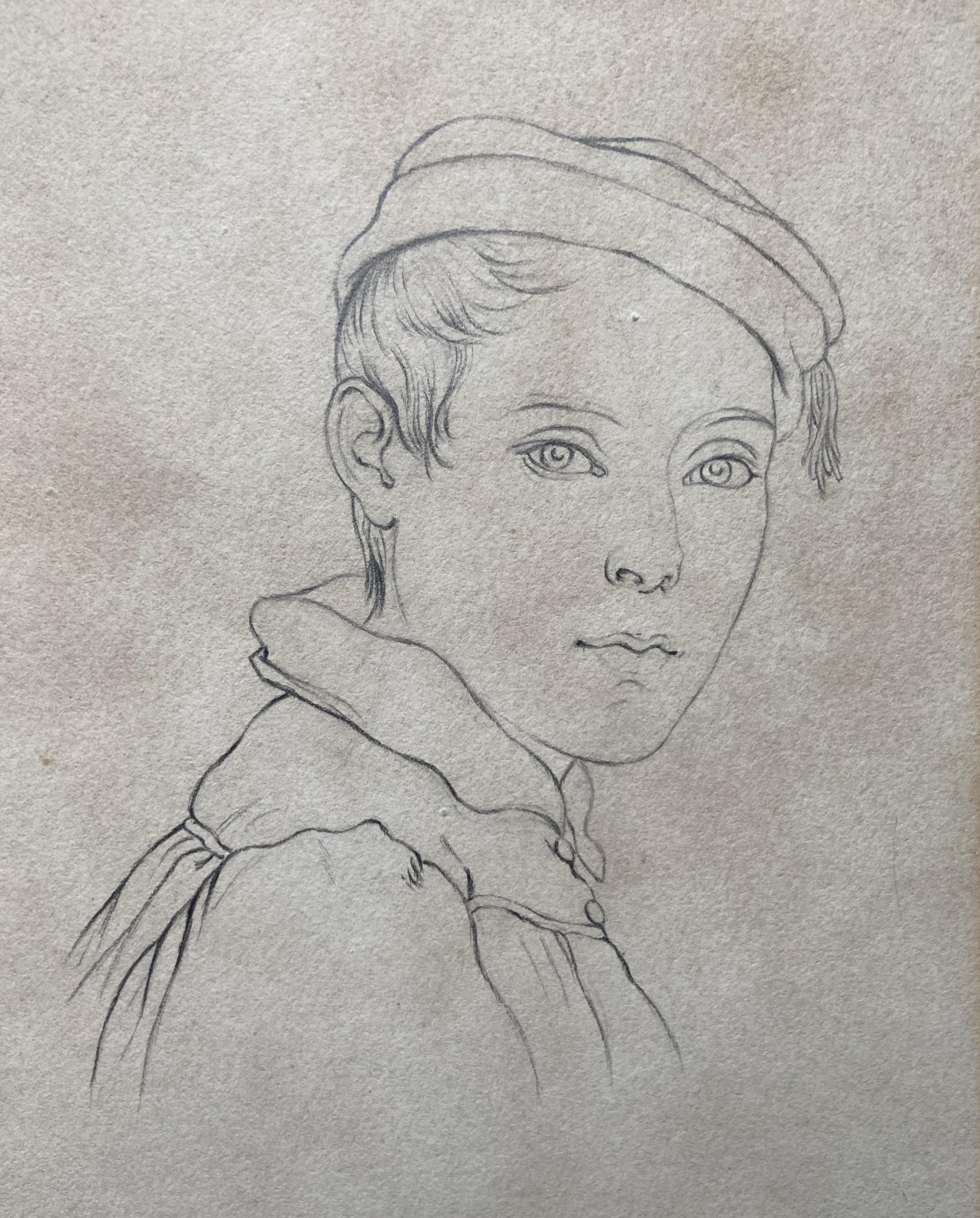 German School 19th Century, 
Portrait of a boy, 
pencil on paper
25.7 x 16 cm (view)
Framed : 41.8 x 31.5 cm
 
The style and execution are very characteristic of the German Romantic school. 
Above all, the very light way of drawing, without
