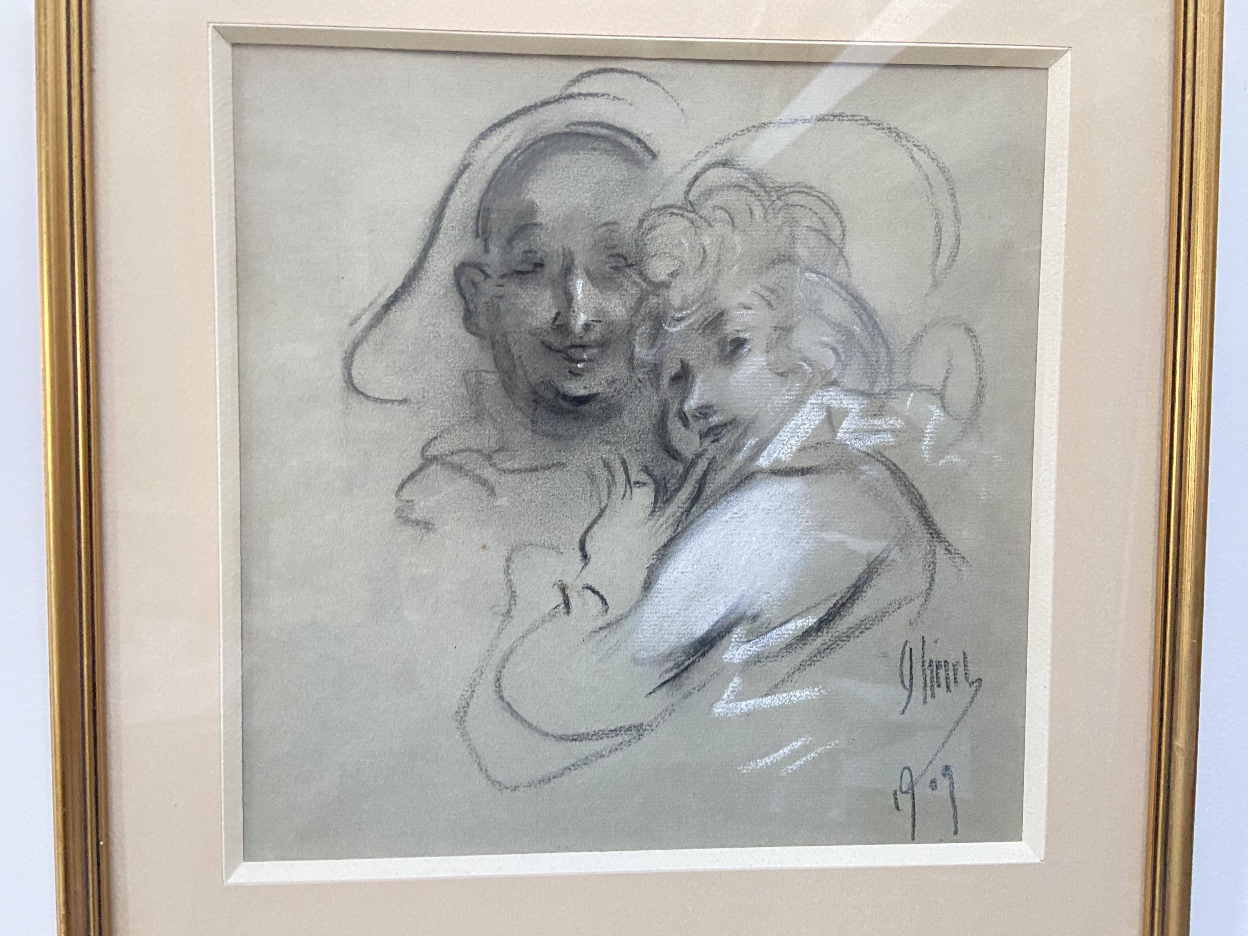 Jules Cheret (1836-1932) Un couple, 1909, dessin signé  - Art nouveau Art par Jules Chéret