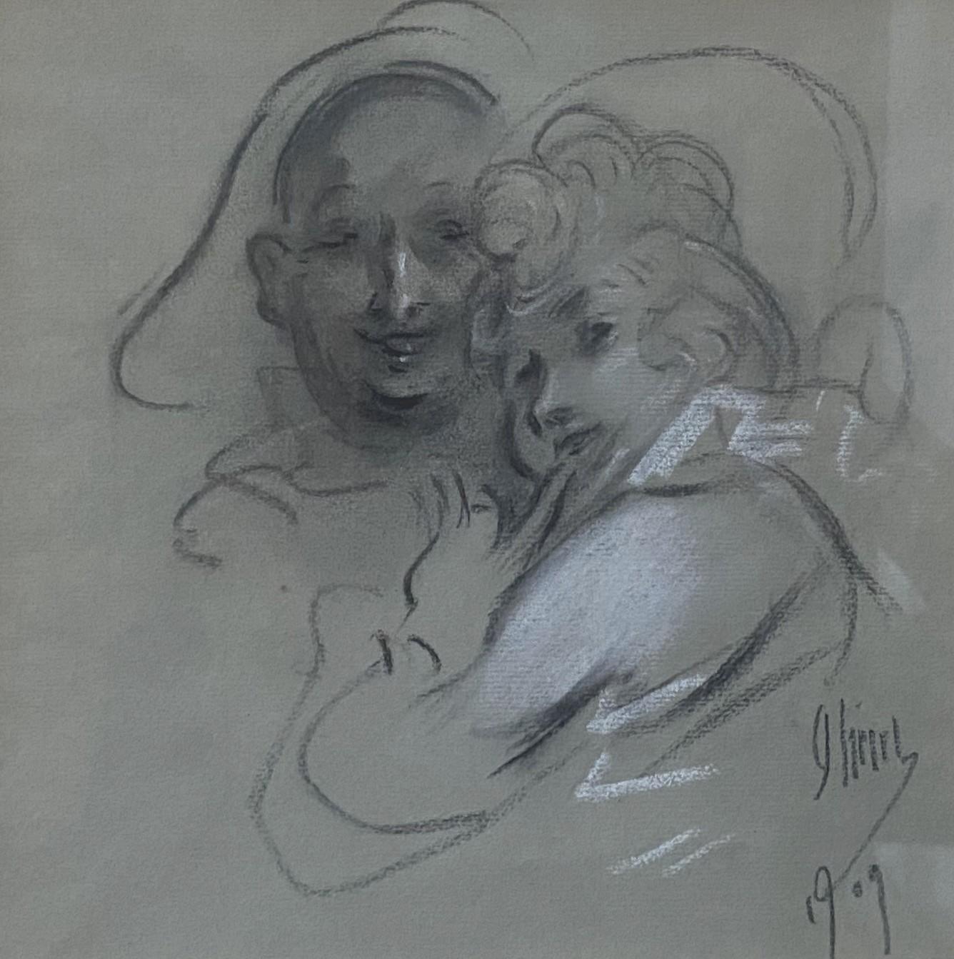 Figurative Art Jules Chéret - Jules Cheret (1836-1932) Un couple, 1909, dessin signé 