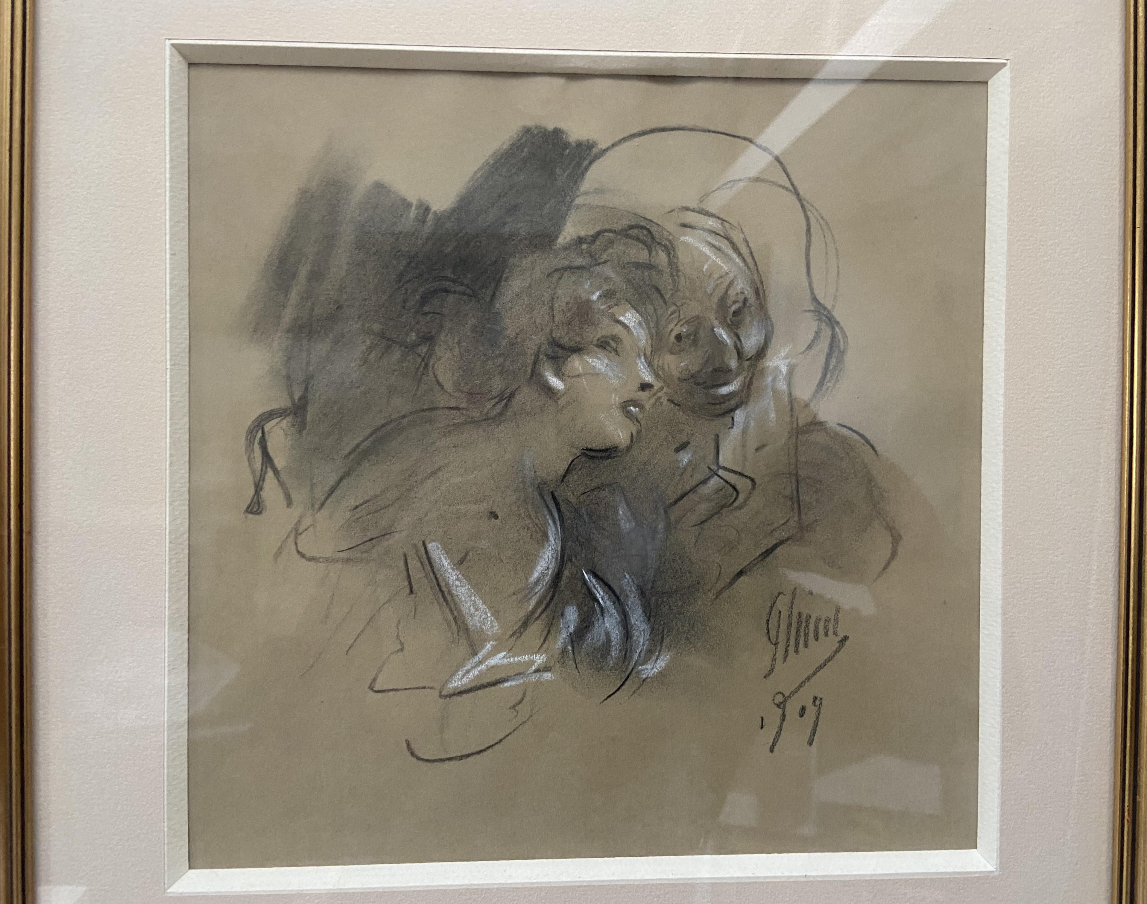 Jules Cheret (1836-1932) 
La Confidence 1909
signé et daté en bas à droite
Fusain  et des rehauts de craie blanche
22.7 x 22.7 cm
Encadré sous verre : 33,8 x 33,8 cm

Une autre œuvre très représentative de l'art de Jules Chéret, pleine de