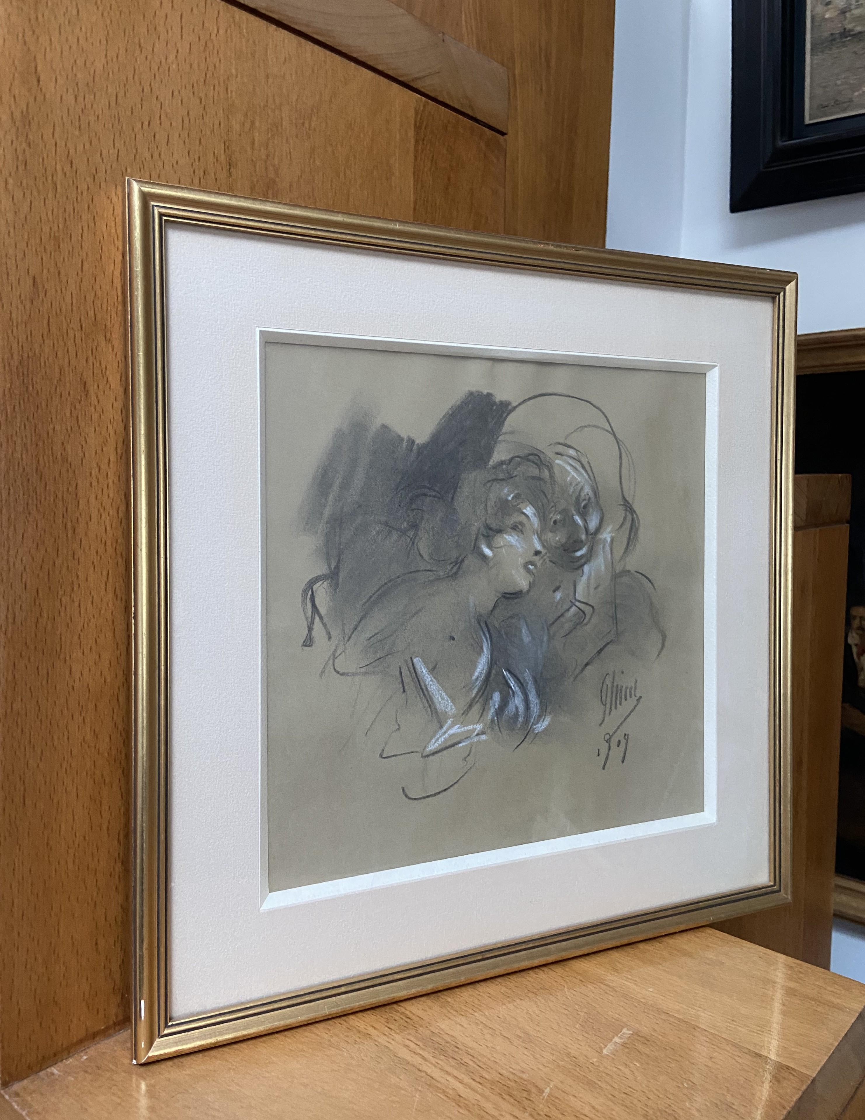 Jules Cheret (1836-1932) La Confidence, 1909, drawing signed  For Sale 1