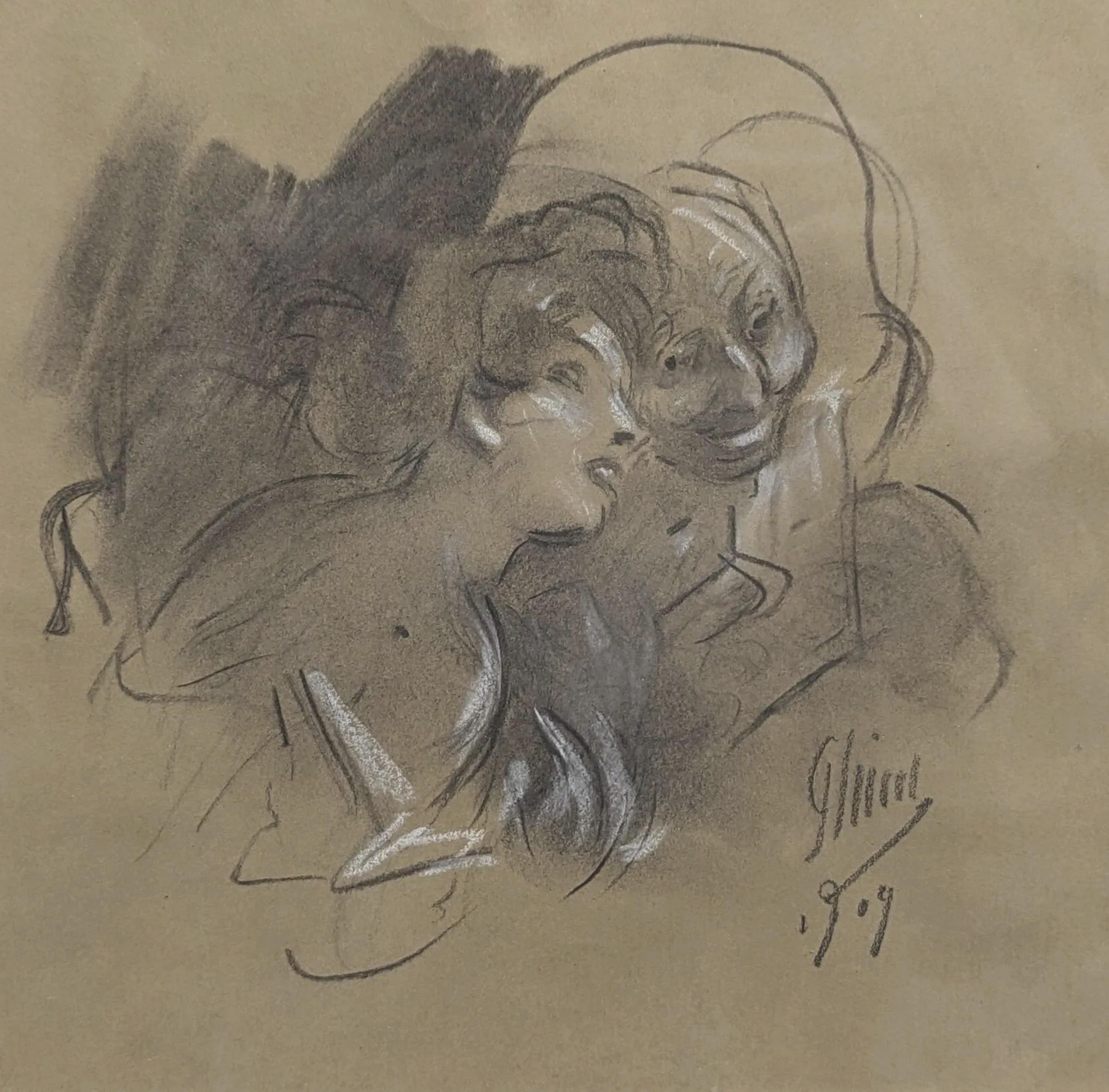 Jules Chéret Figurative Art - Jules Cheret (1836-1932) La Confidence, 1909, drawing signed 