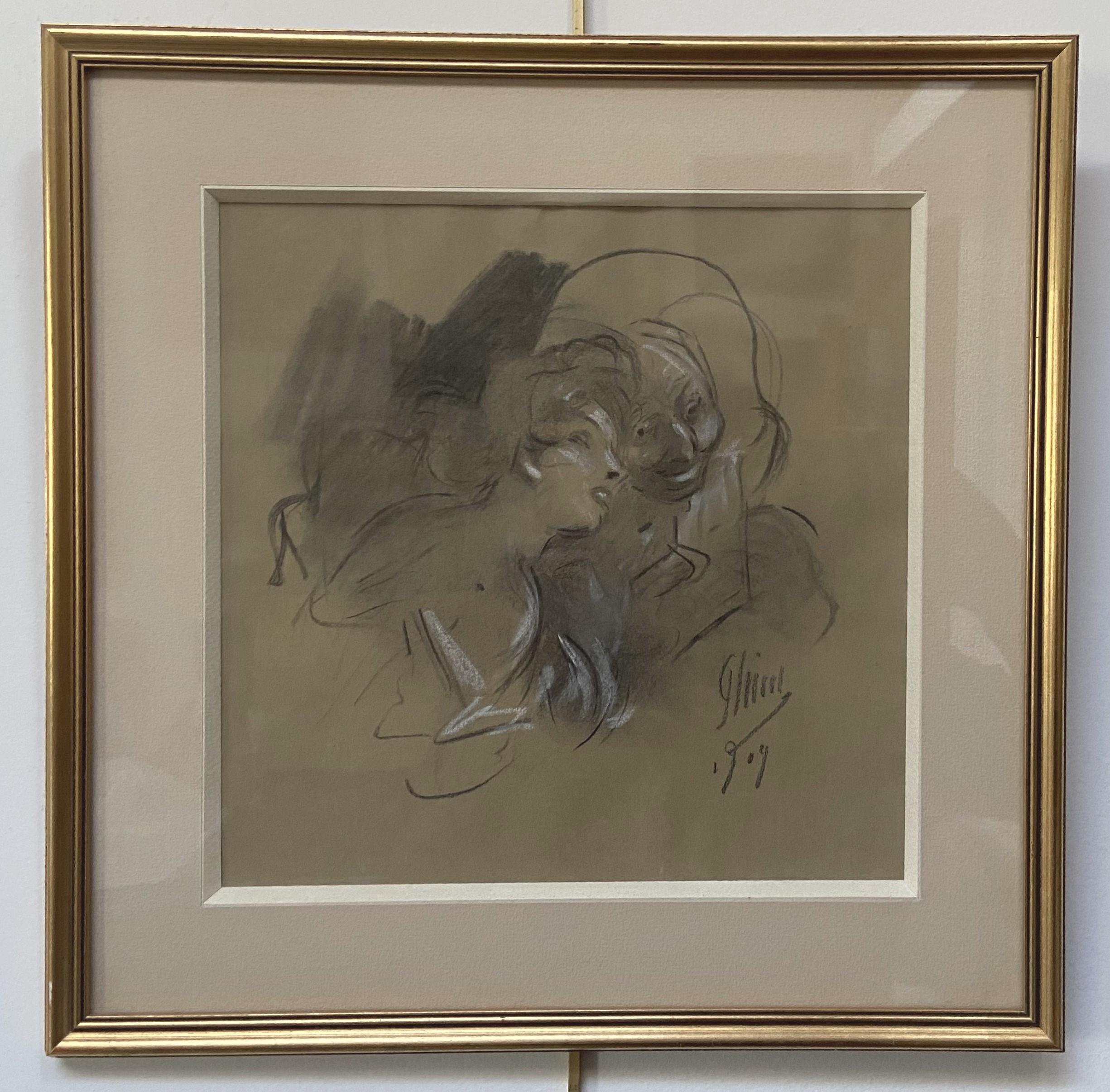 Jules Cheret (1836-1932) La Confidence, 1909, drawing signed  - Art by Jules Chéret