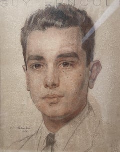 Vintage François-Maurice Roganeau (1883-1973) Portrait of young man 1947, pastel signed