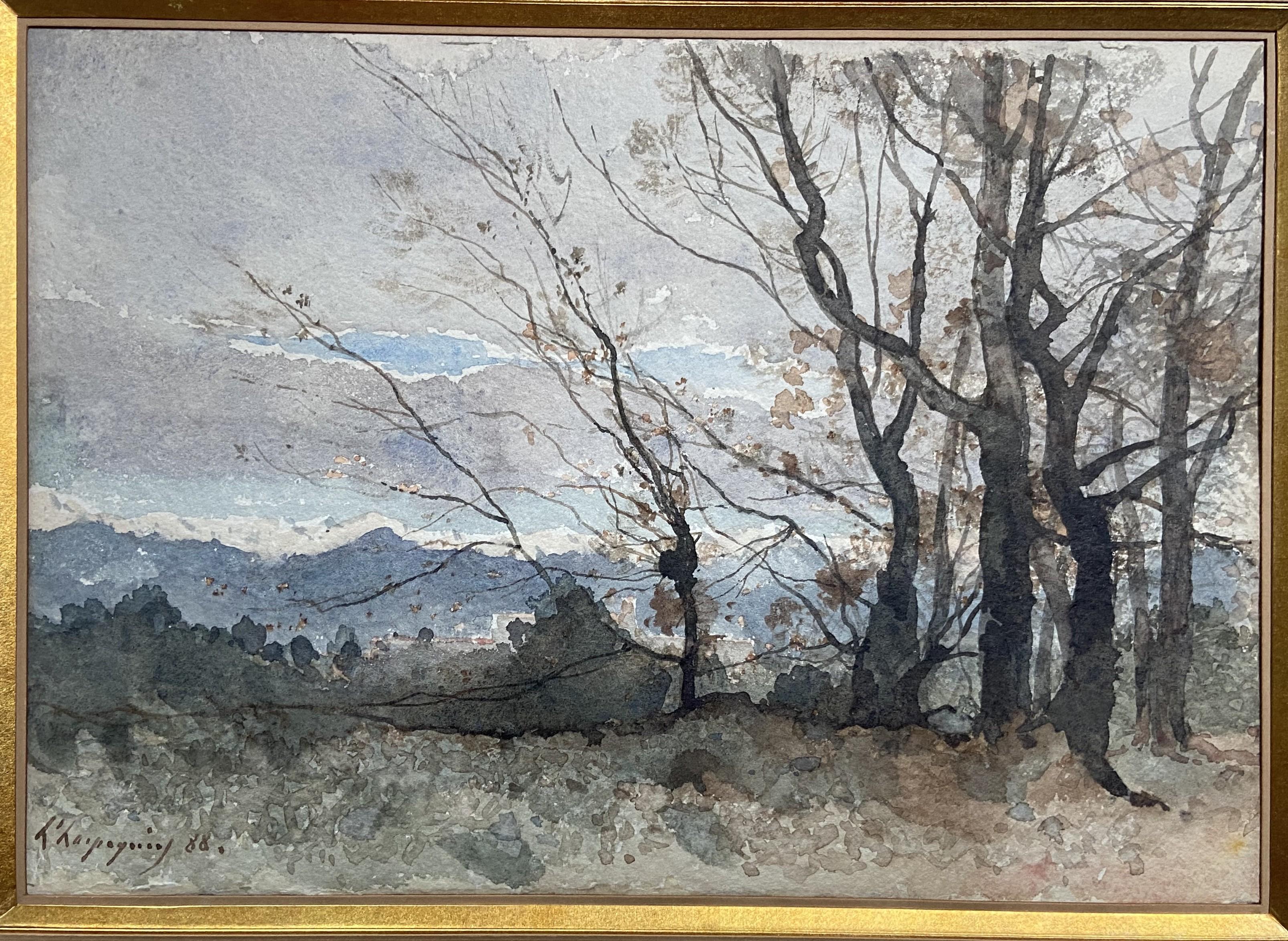 Henri Harpignies (1819-1916) Eine Landschaft im Winter, 1888, signiertes Aquarell im Angebot 3