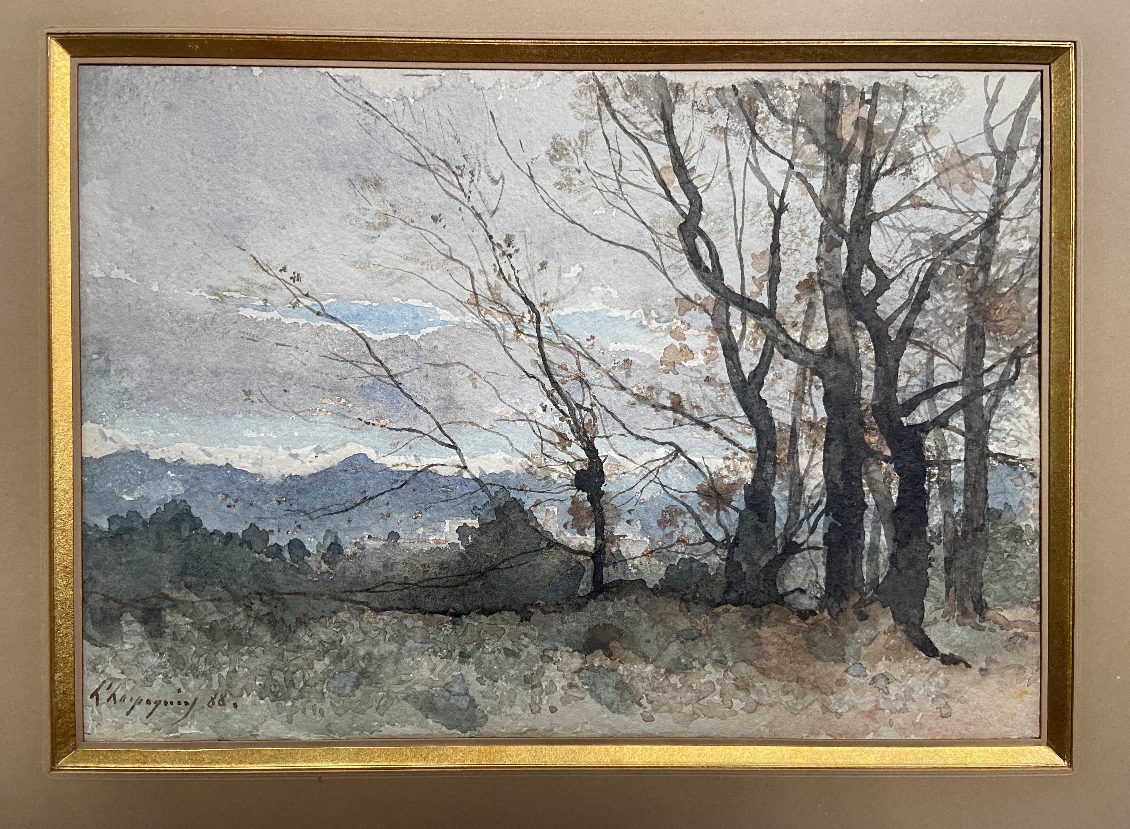 Henri Harpignies (1819-1916) Eine Landschaft im Winter, 1888, signiertes Aquarell im Angebot 1