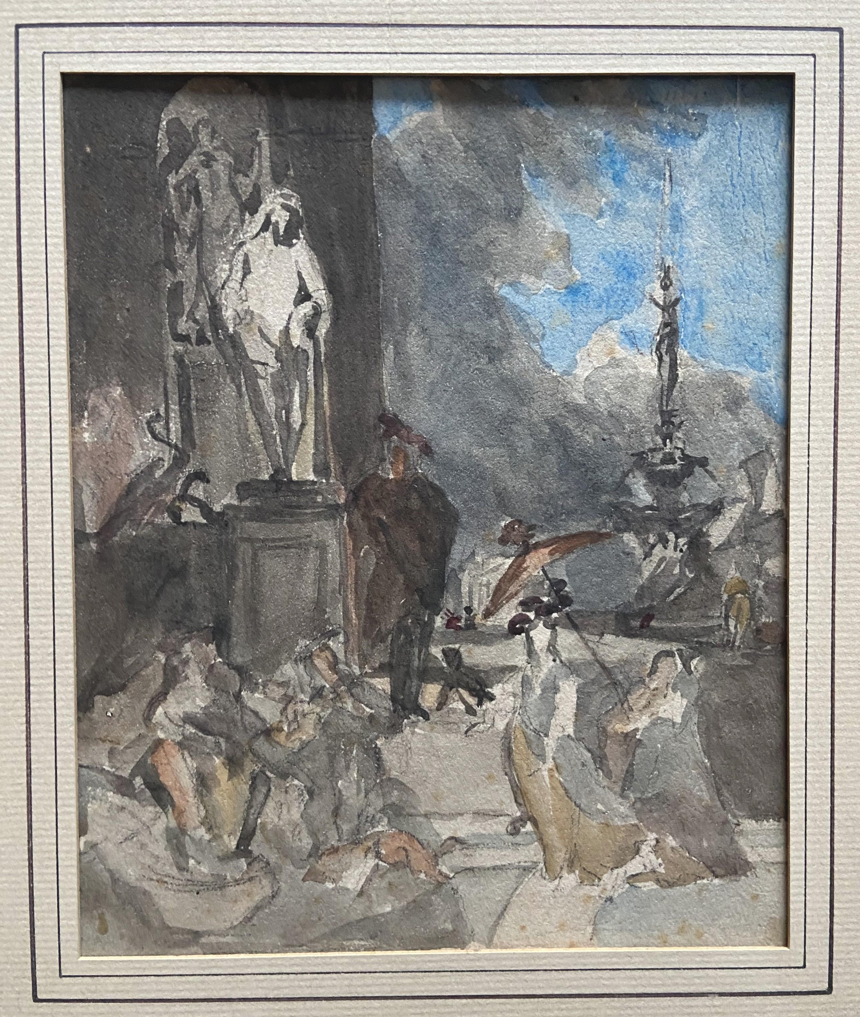French school 19th century, 
Court scene in front of a palace
watercolor on paper
16.4 x 13.3 cm
In good condition, some foxings 
Framed : 30 x 26.5 cm

This enigmatic yet charming scene may have been attributed to Eugène Lami (1800-1890), as