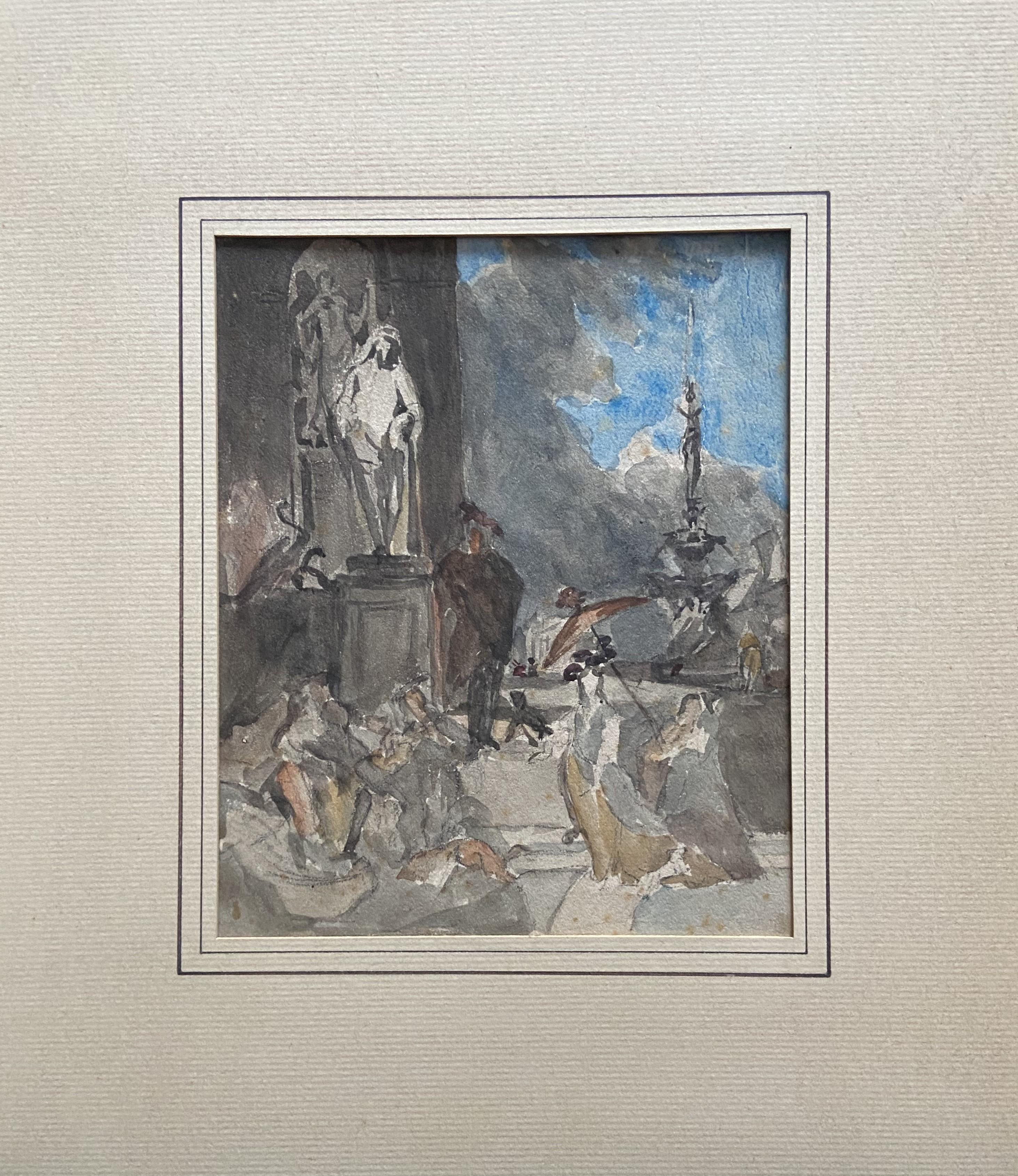 French school 19th century, Court scene in front of a palace, watercolor For Sale 1