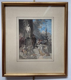 French school 19th century, Court scene in front of a palace, watercolor