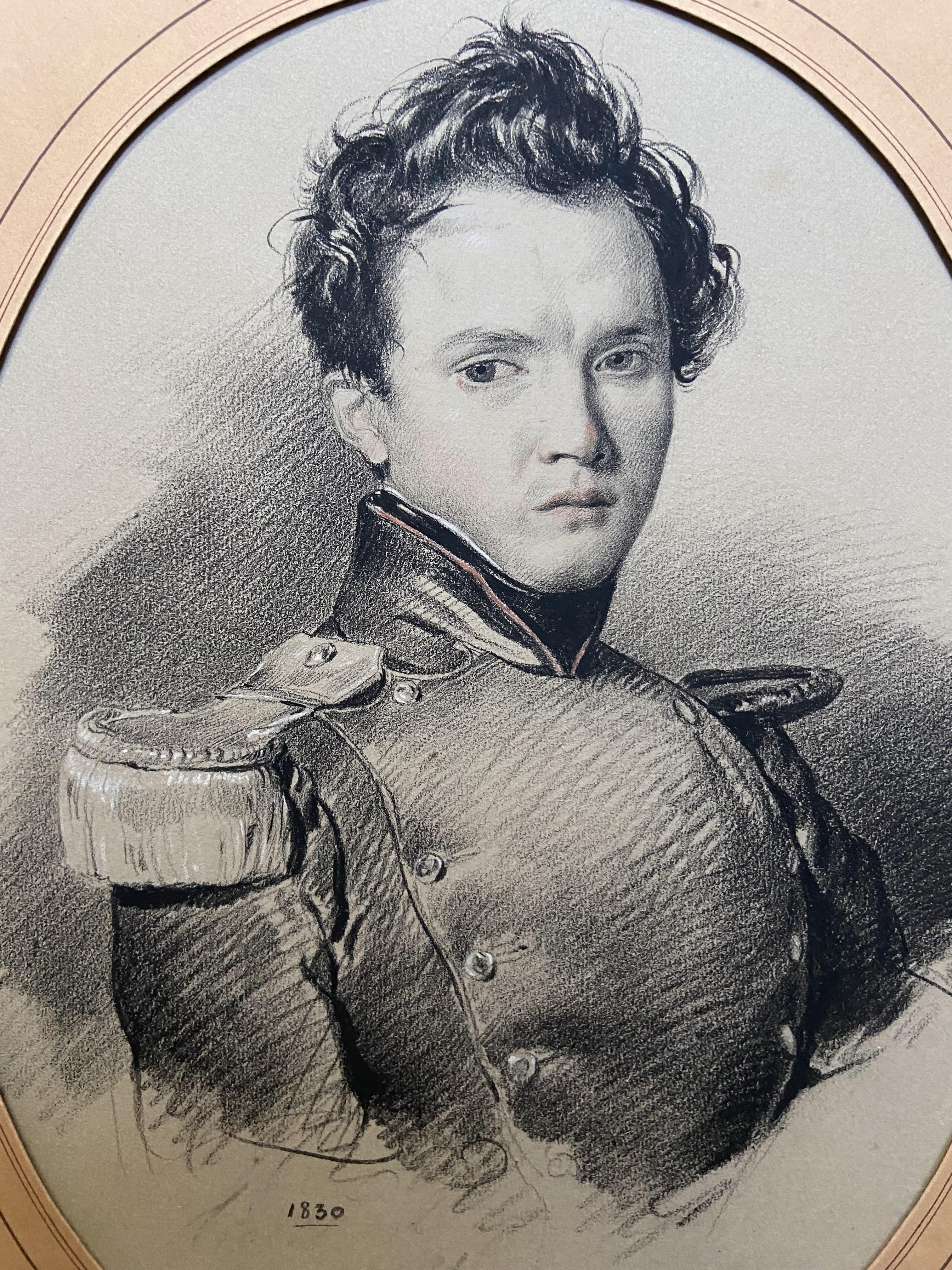 French School 19th Century, Portrait of a young soldier, dated 1830, drawing For Sale 2