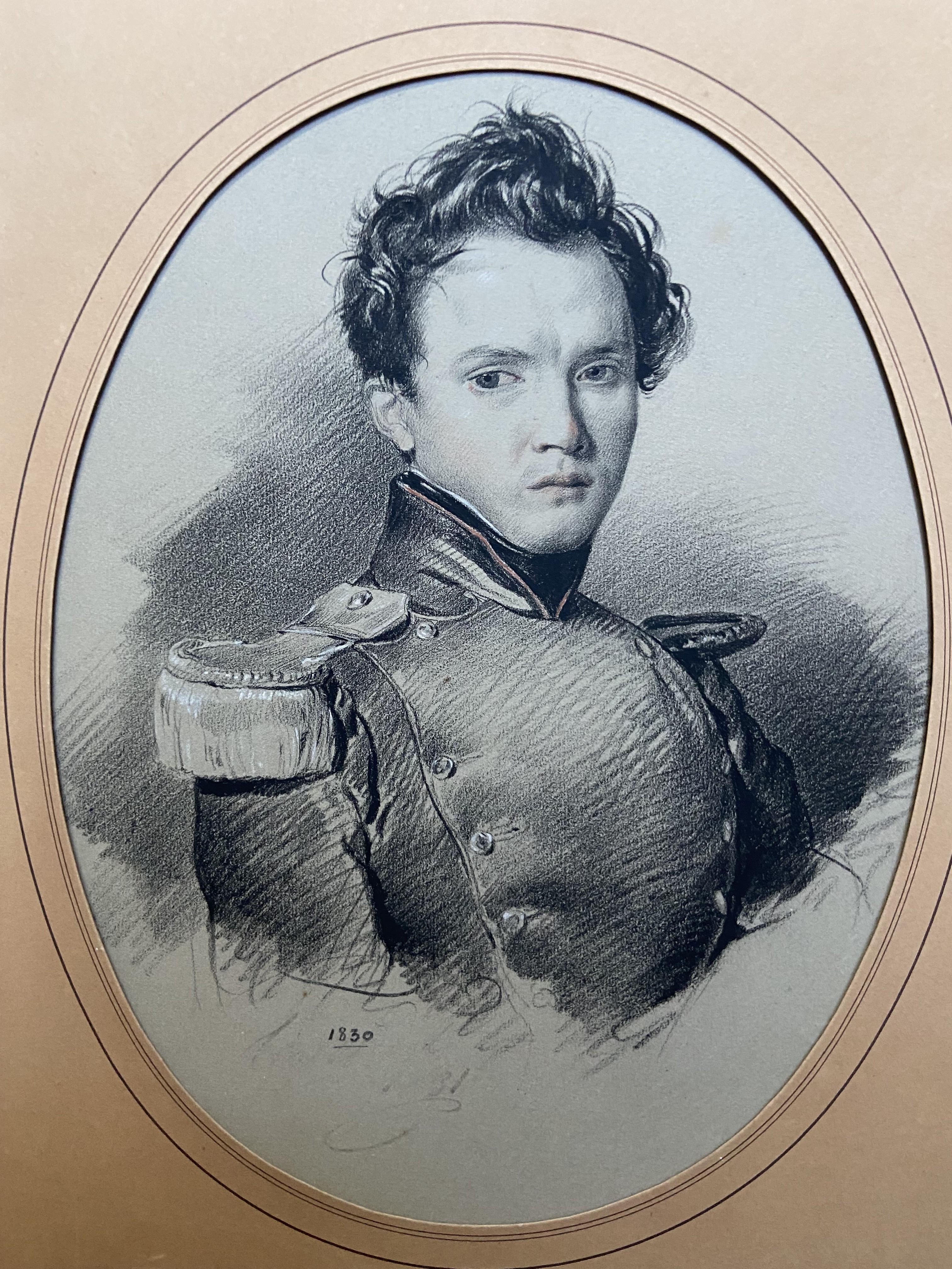 French School 19th Century, Portrait of a young soldier, dated 1830, drawing For Sale 5