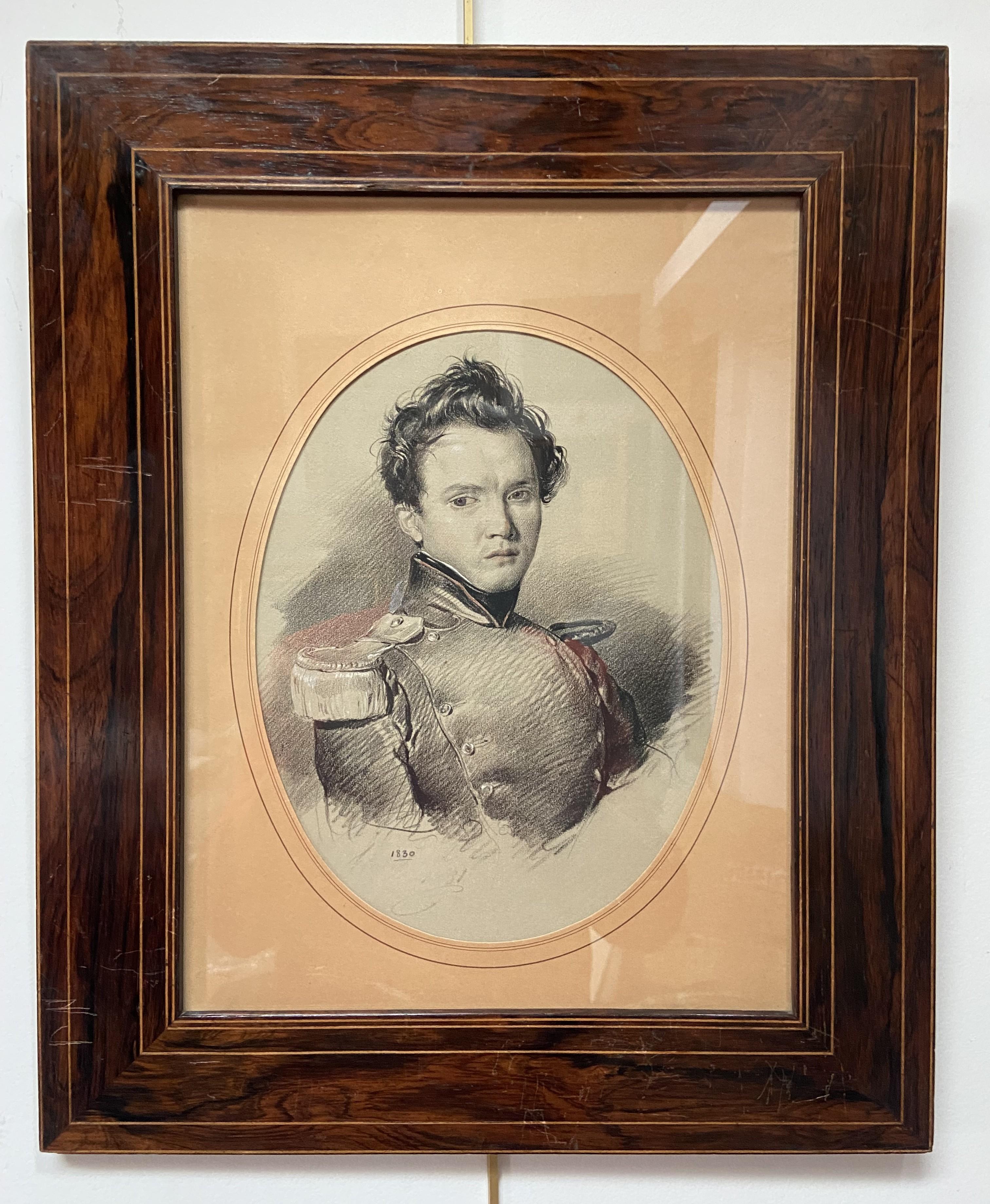 French School 19th Century, Portrait of a young soldier, dated 1830, drawing For Sale 7