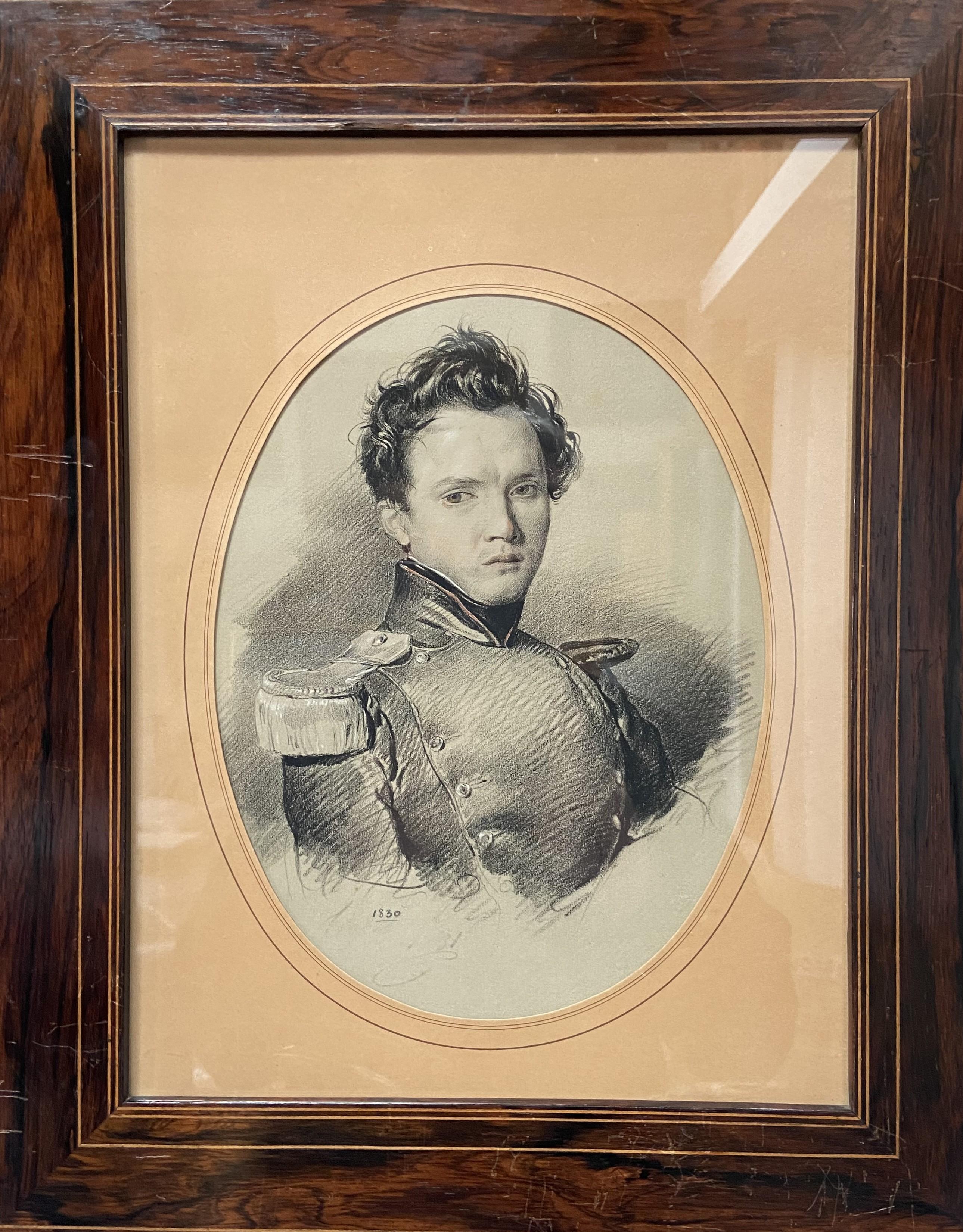 French School 19th Century, Portrait of a young soldier, dated 1830, drawing For Sale 11