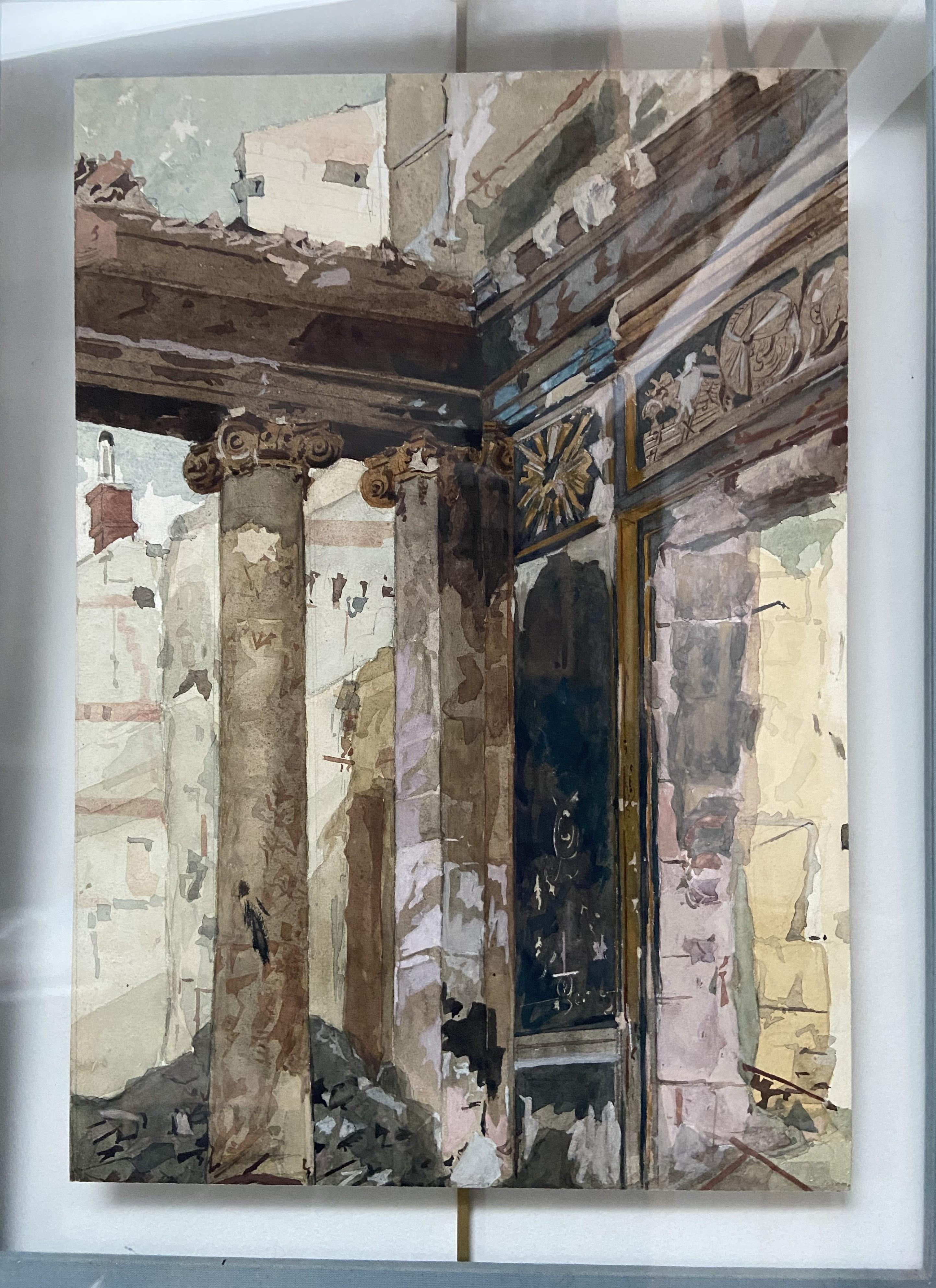 École française du 20e siècle, colonnade en ruines, aquarelle - Postmoderne Art par Unknown