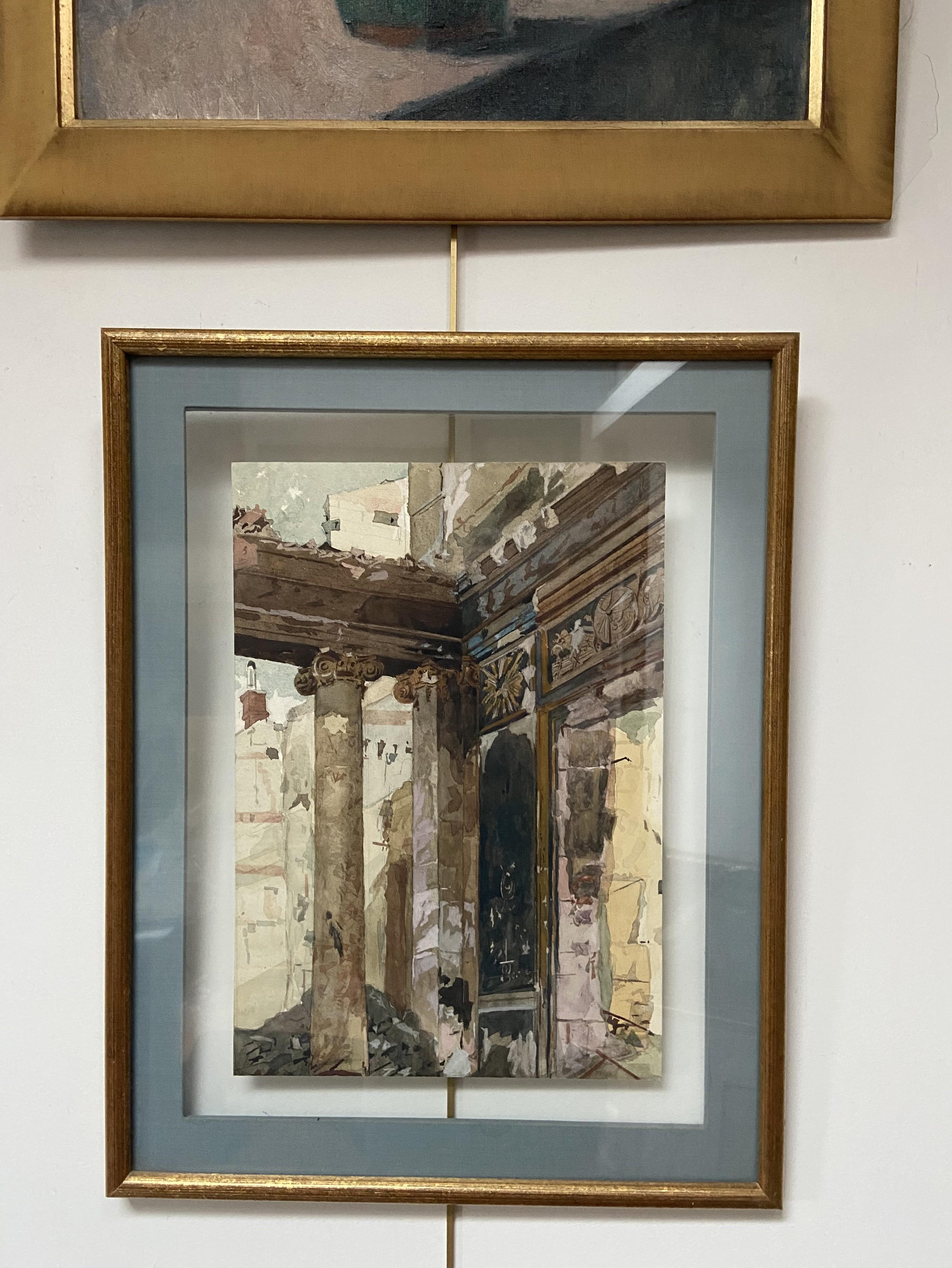 20th century French school
Colonnade in ruins, 
watercolor on paper
37 x 26 cm
Framed in a highly original way between two sheets of Plexiglas (a small, barely visible spot on the blue fabric of the passe partout at the bottom). 52 x 41 cm

This