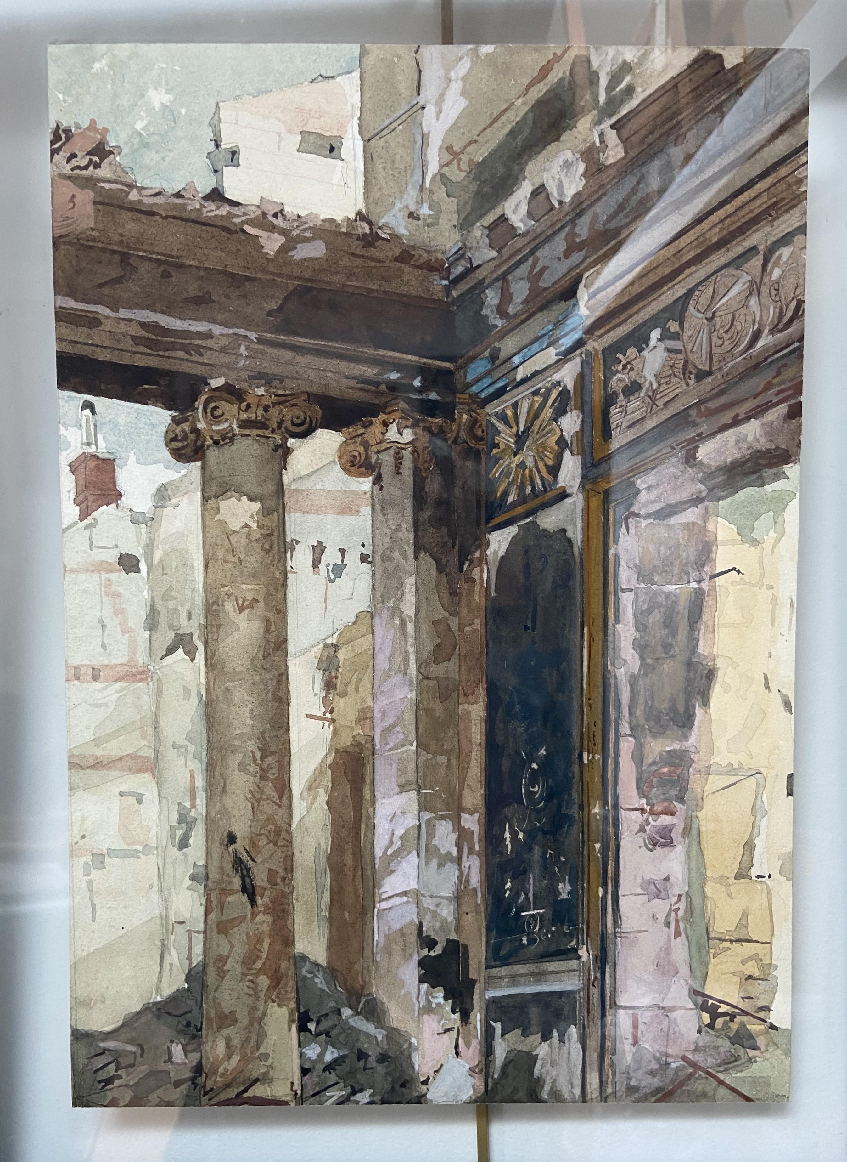 École française du 20e siècle, colonnade en ruines, aquarelle en vente 1