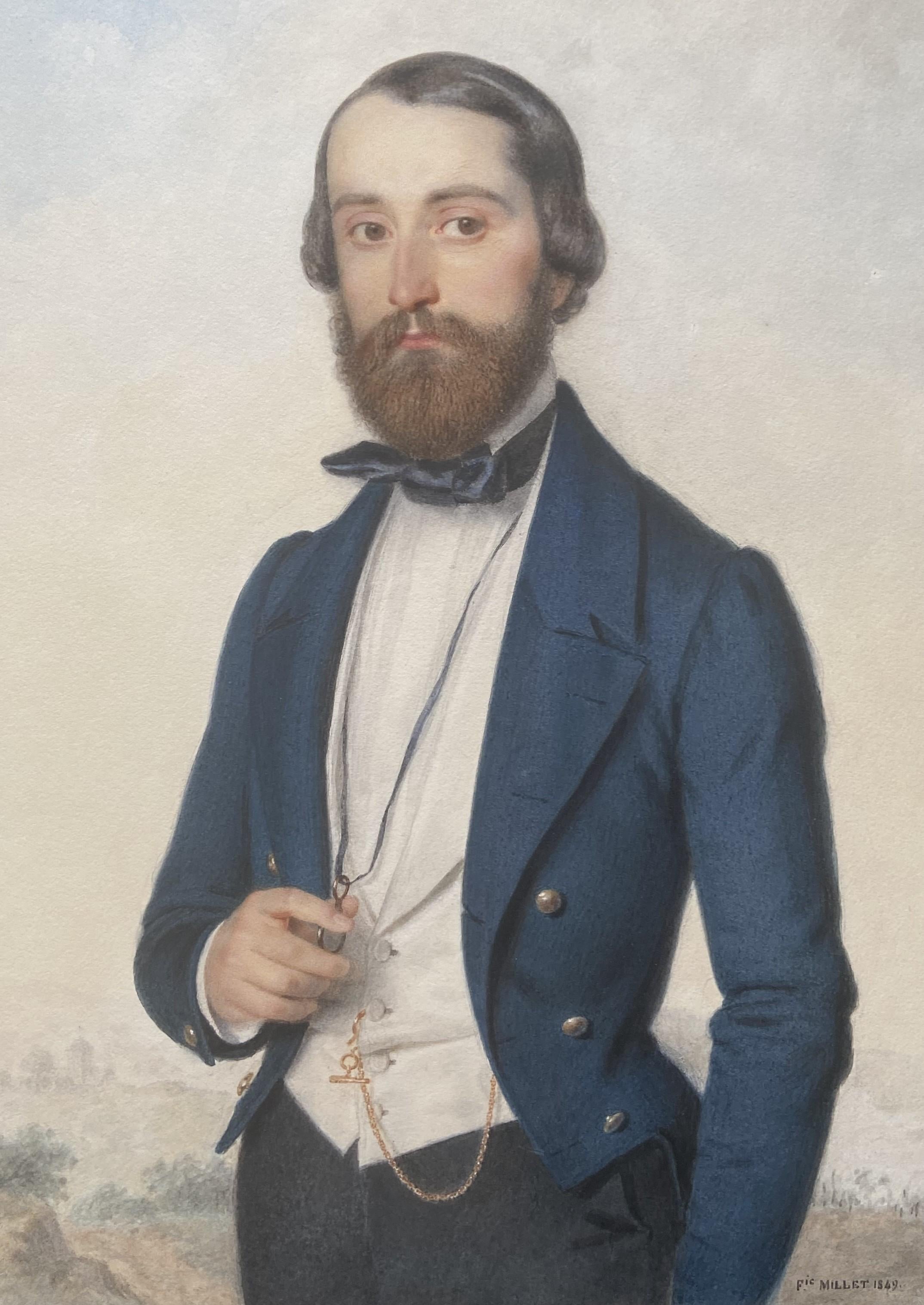Frédéric Millet (1786-1859) Portrait of a gentleman, 1849 watercolor signed   For Sale 2