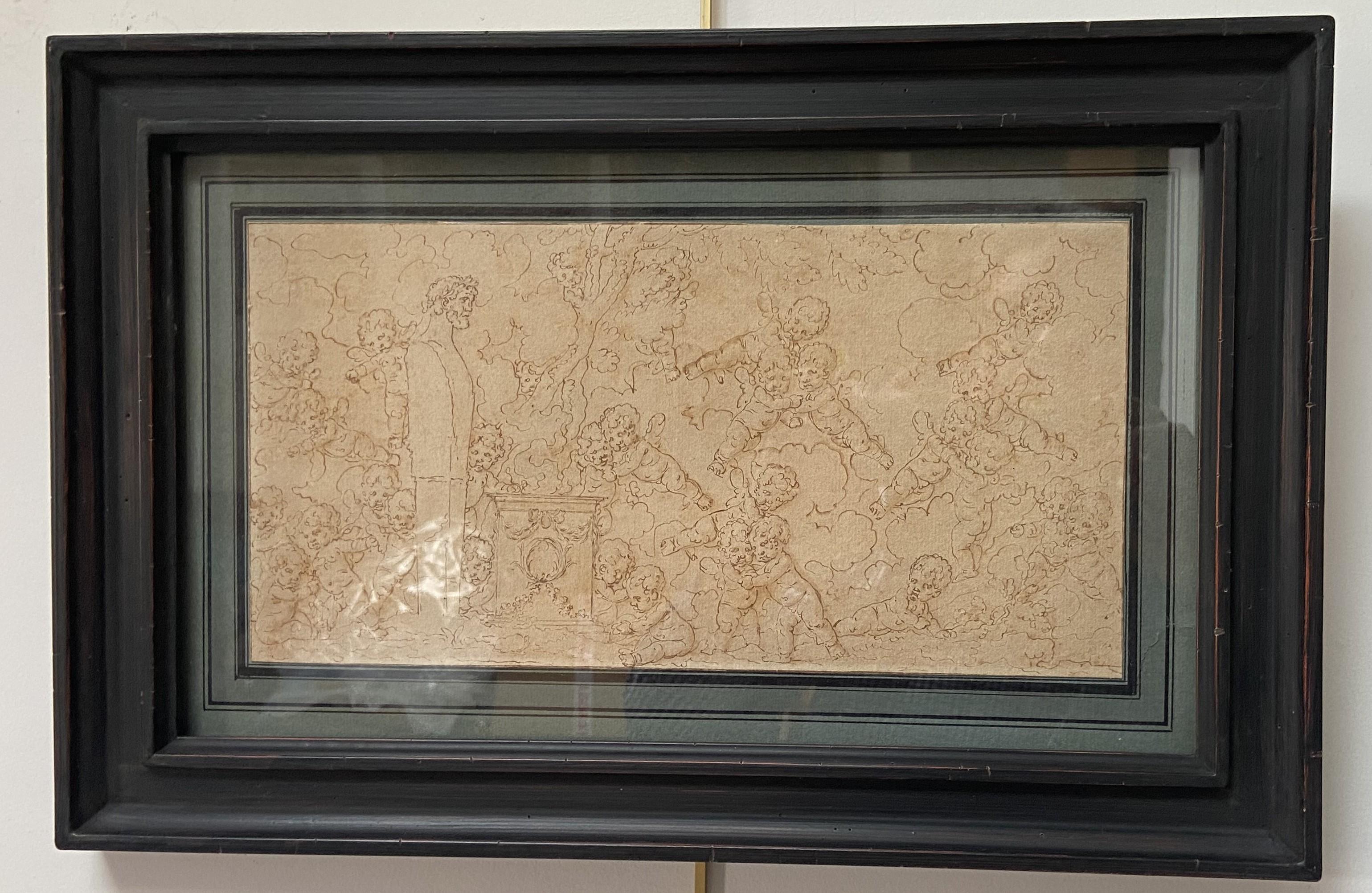 Louis-Félix de La Rue (1730-1777) Putten, die um eine Skulptur spielen, Zeichnung – Art von Louis-Félix Delarue