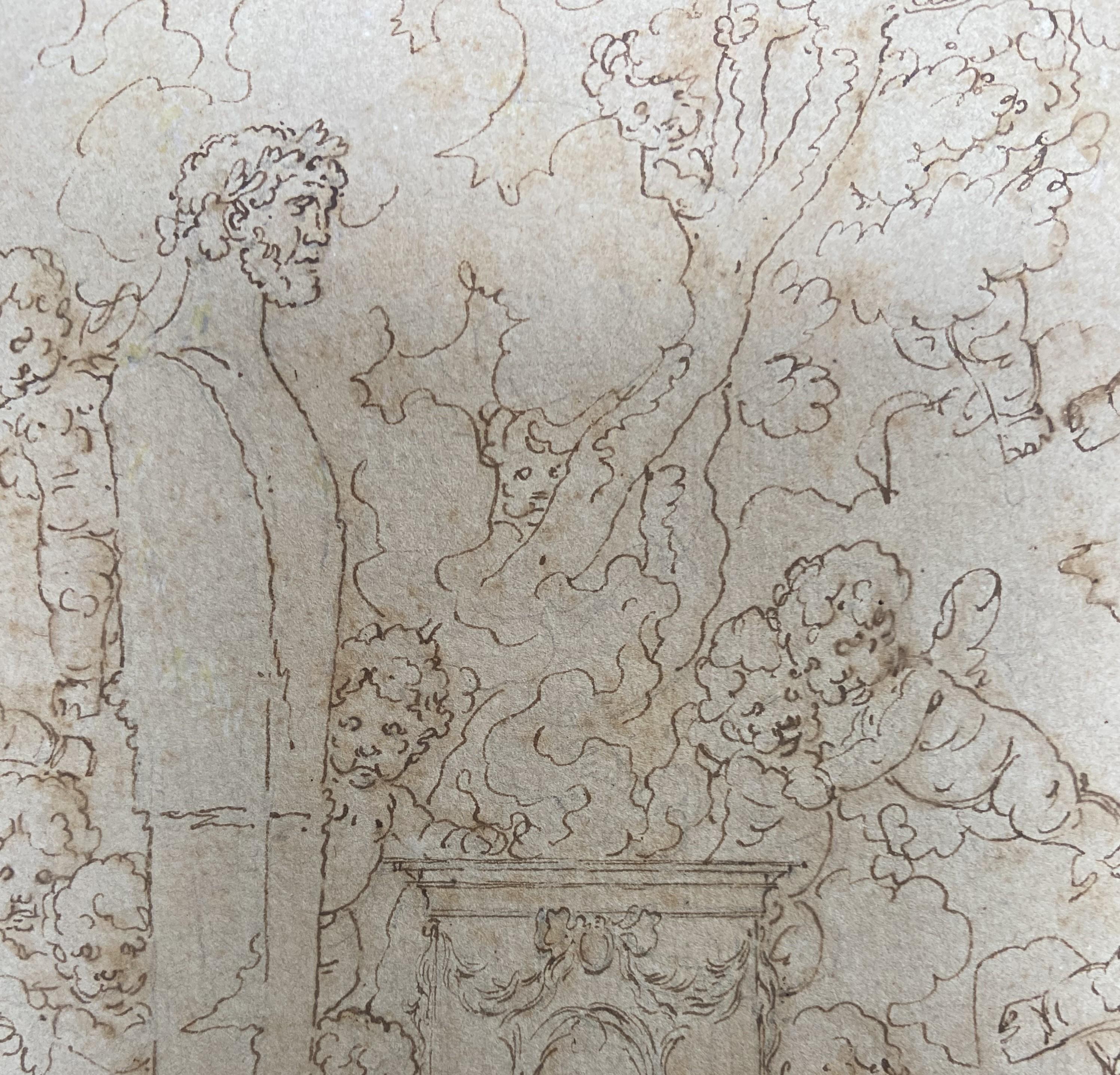 Louis-Félix de La Rue (1730-1777) 
Putten spielen um eine Skulptur, eine mythologische Szene
Feder und braune Tinte auf Papier 
15.4 x 31 cm
In gut  Bedingung
Das alte Passepartout hat unten rechts einen kleinen Riss, der aber die Zeichnung selbst