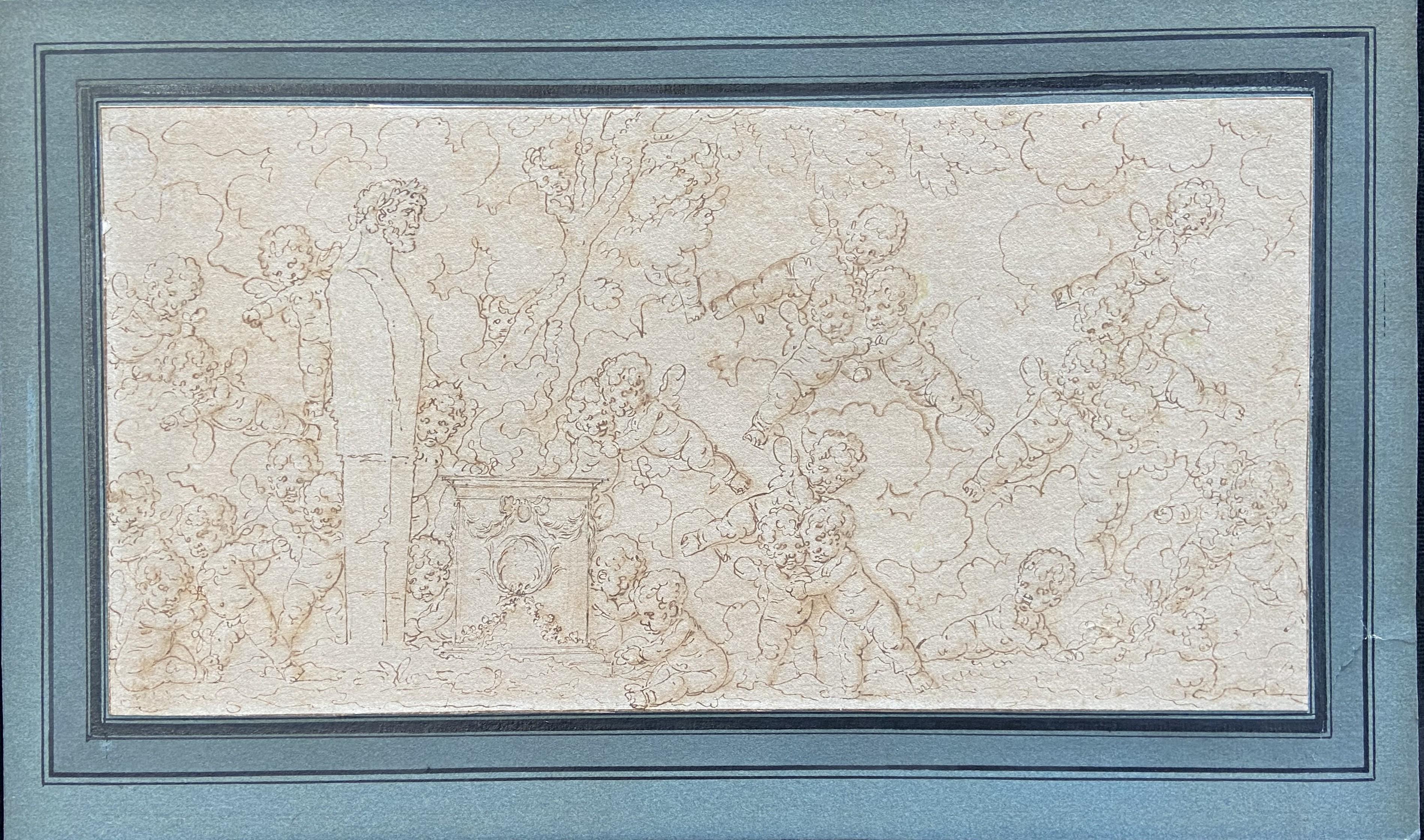 Louis-Félix de La Rue (1730-1777) Putten, die um eine Skulptur spielen, Zeichnung (Beige), Figurative Art, von Louis-Félix Delarue