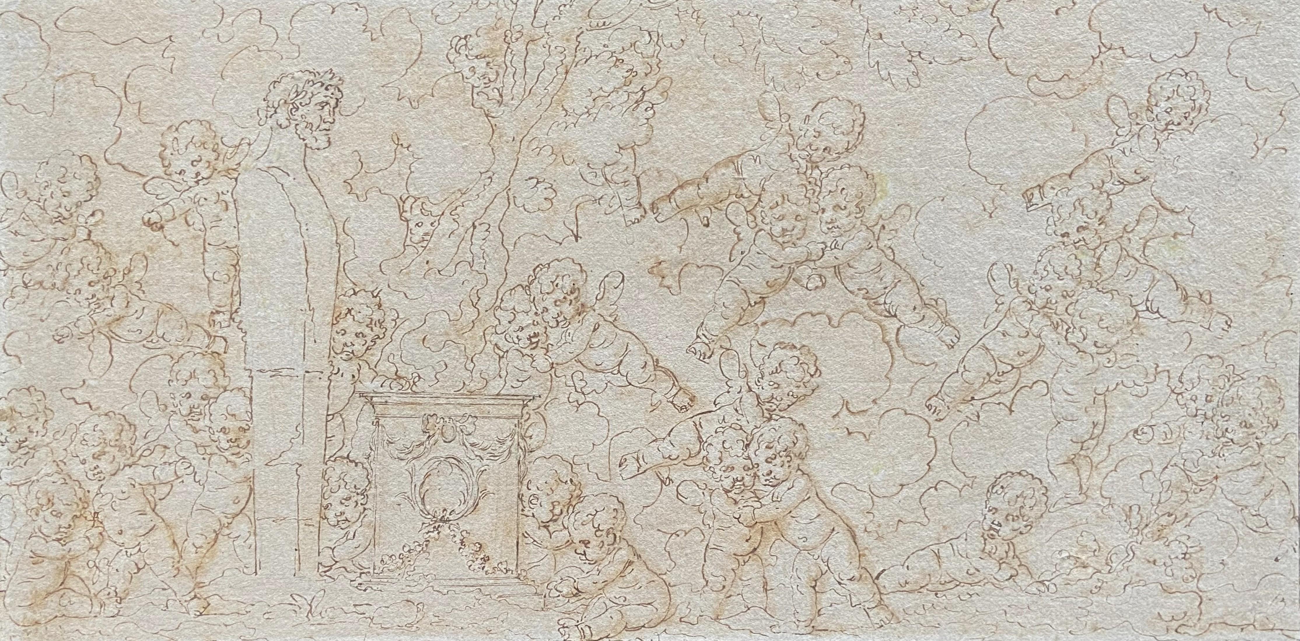 Louis-Félix de La Rue (1730-1777) Putti che giocano intorno a una scultura, disegno